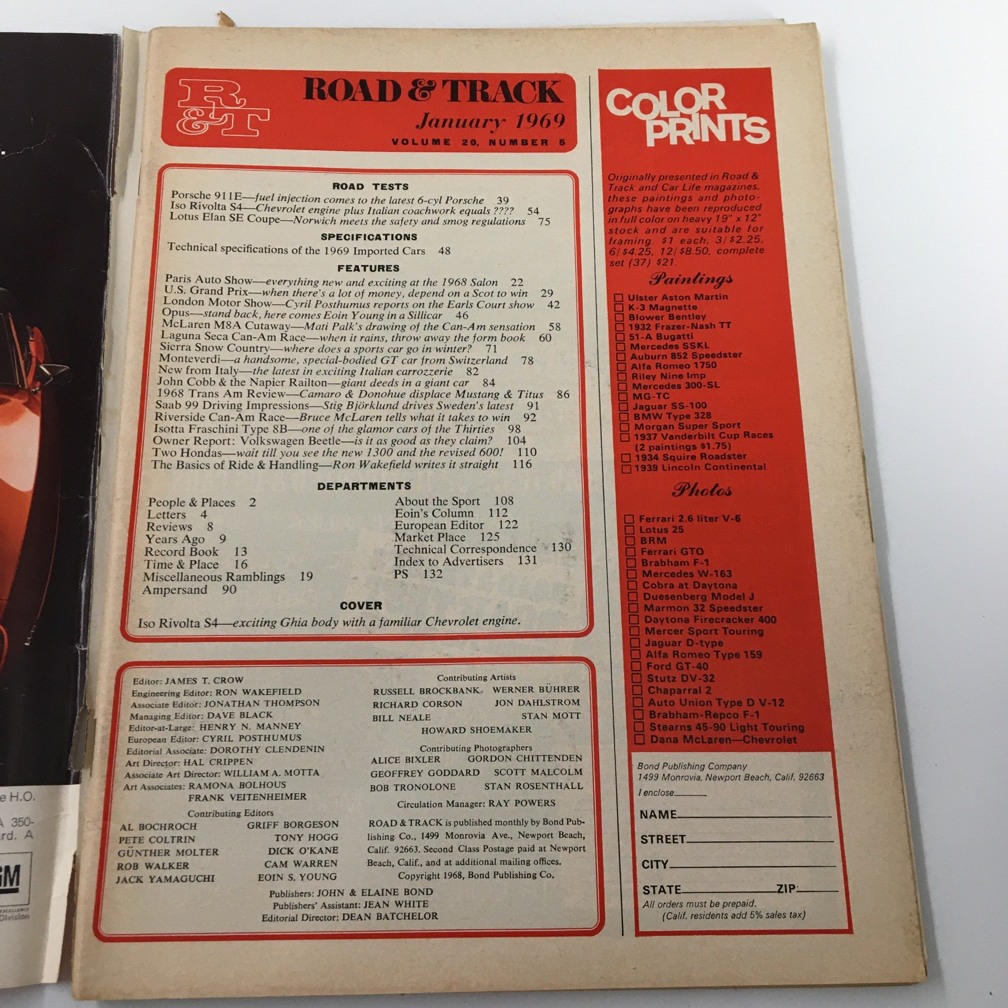 VTG Road & Track Magazine January 1969 Chevrolet-Engined Italian Beauty No Label