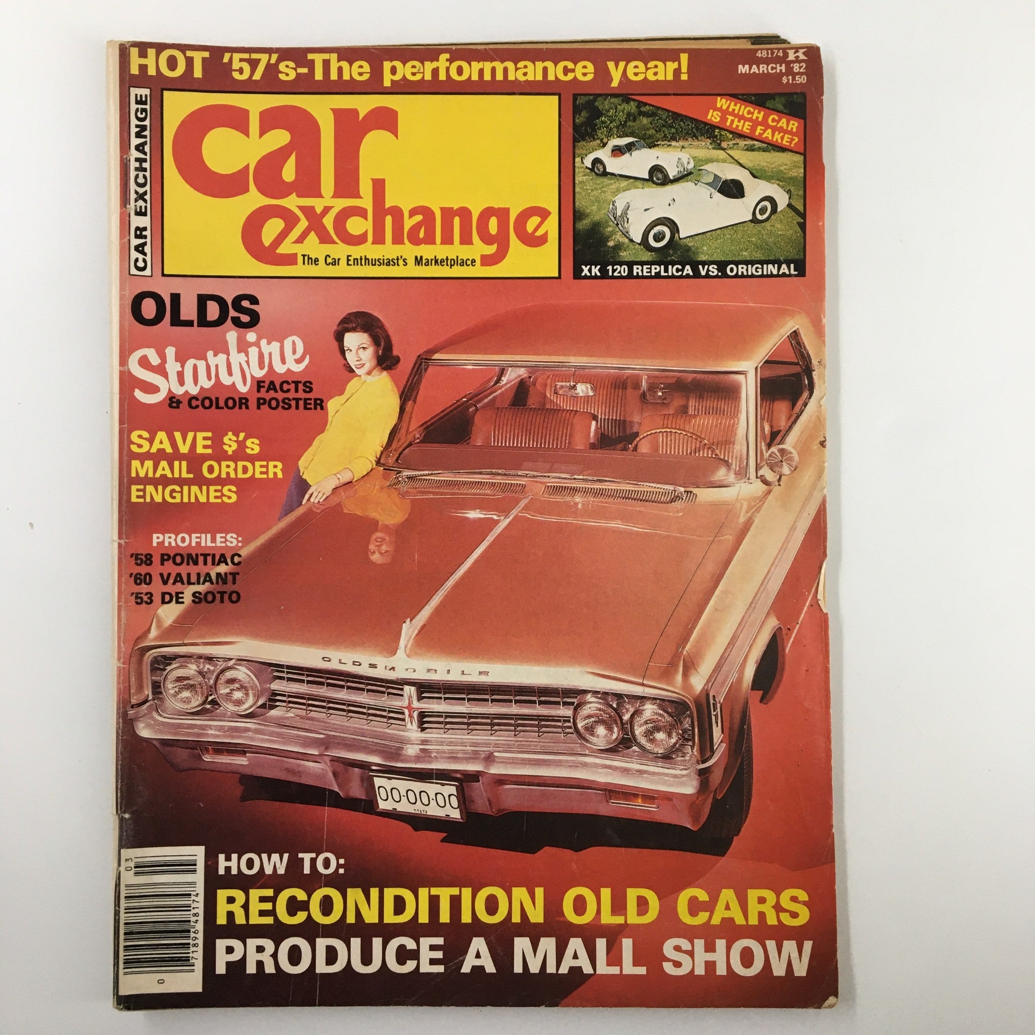 Cover of VTG Car Exchange Magazine March 1982 featuring a comparison between XK 120 Replica and Original, showcasing an Oldsmobile Starfire with a woman modeling in front and promotional text for vintage cars.