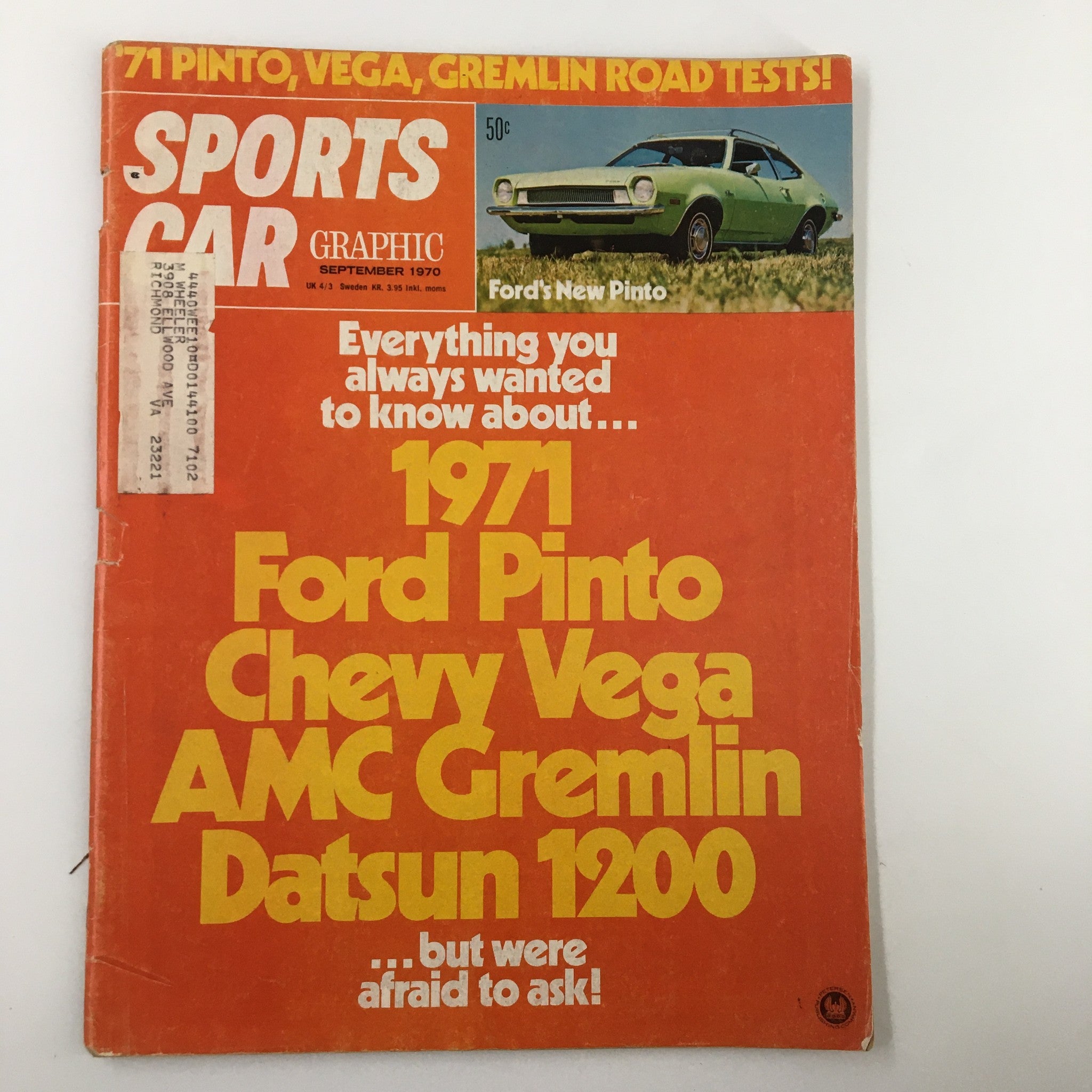 VTG Sports Car Graphic Magazine September 1970 Ford Pinto & Chevy Vega of 1971