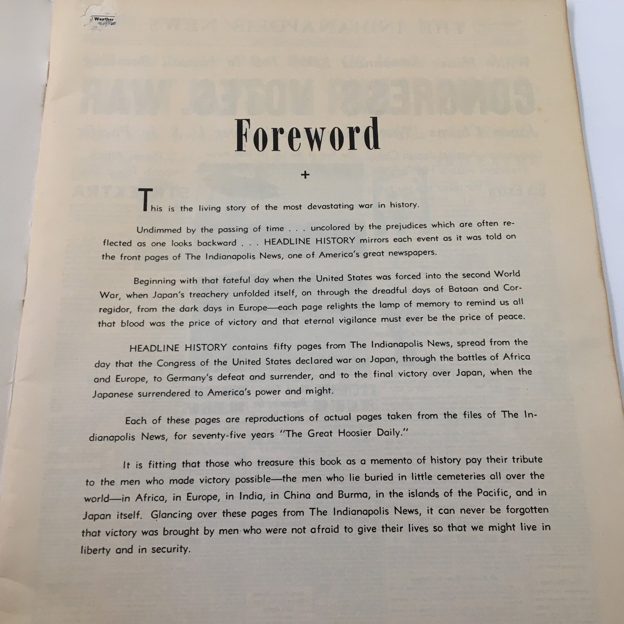 VTG The Indianapolis News December 8 1941 Congress Votes War No Label