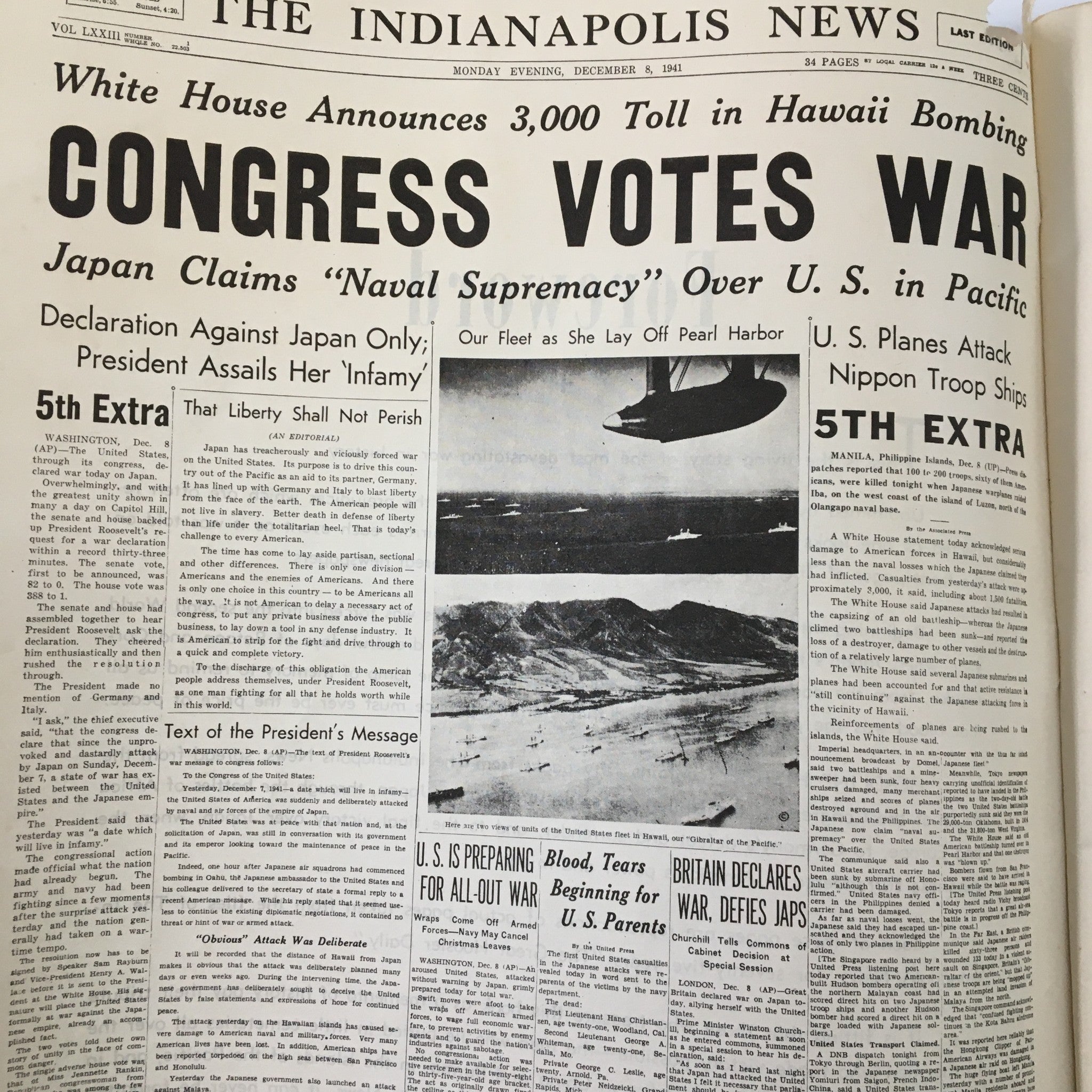 VTG The Indianapolis News December 8 1941 Congress Votes War No Label