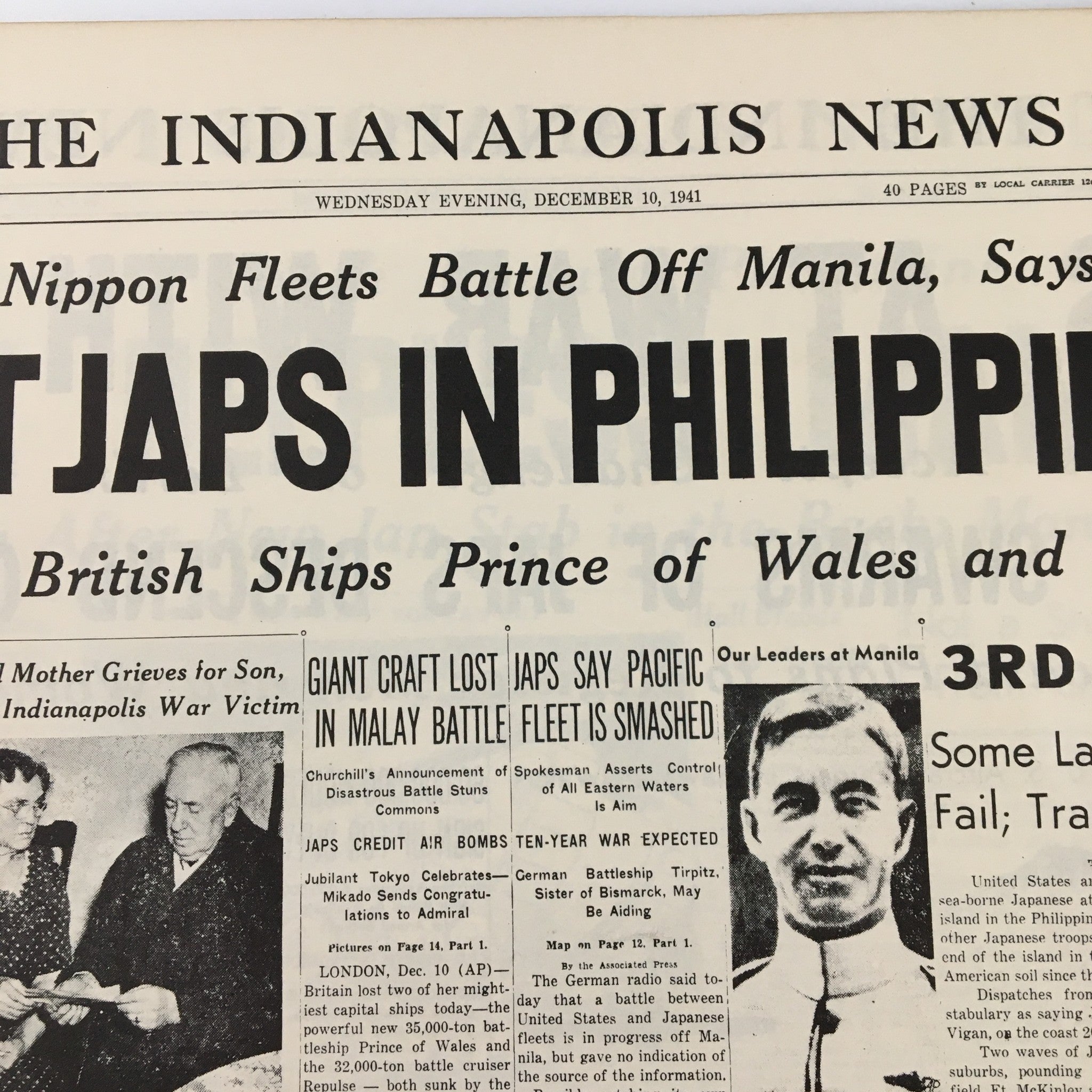 VTG The Indianapolis News December 8 1941 Congress Votes War No Label