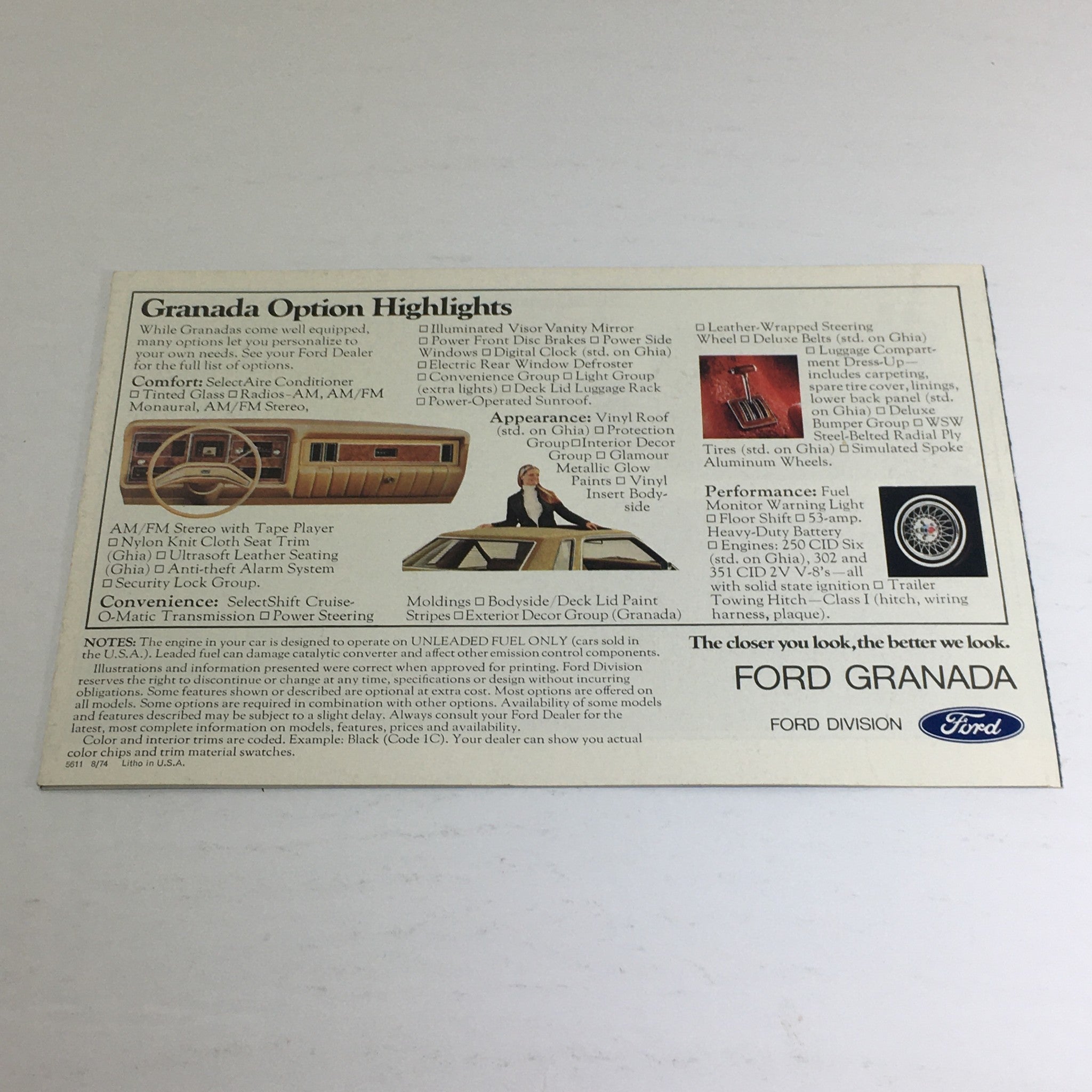 1975 Ford Granada Ghia Option Highlights Car Dealership Auto Brochure Catalog