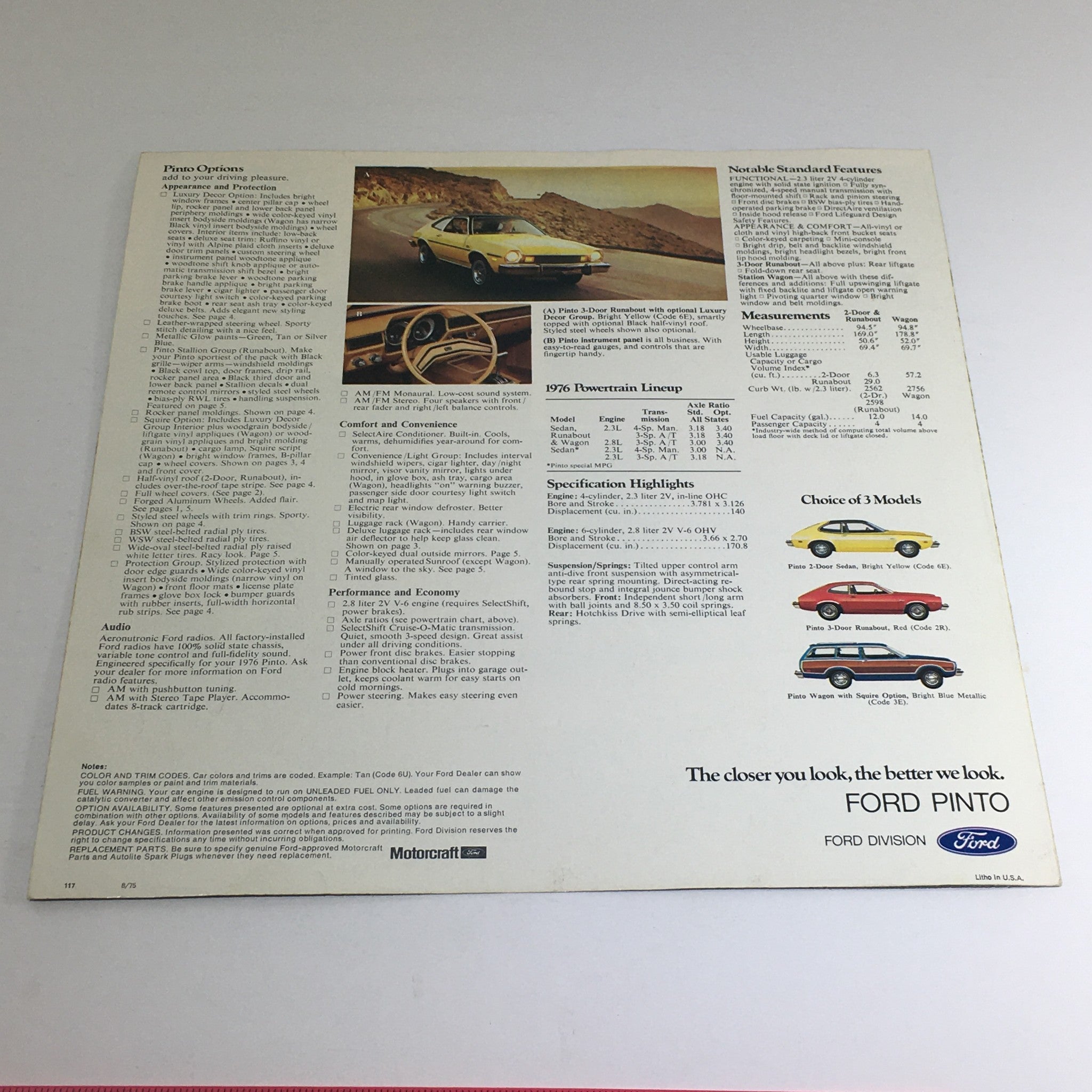 1976 Ford Pinto Options Lineup Car Dealership Auto Brochure Catalog