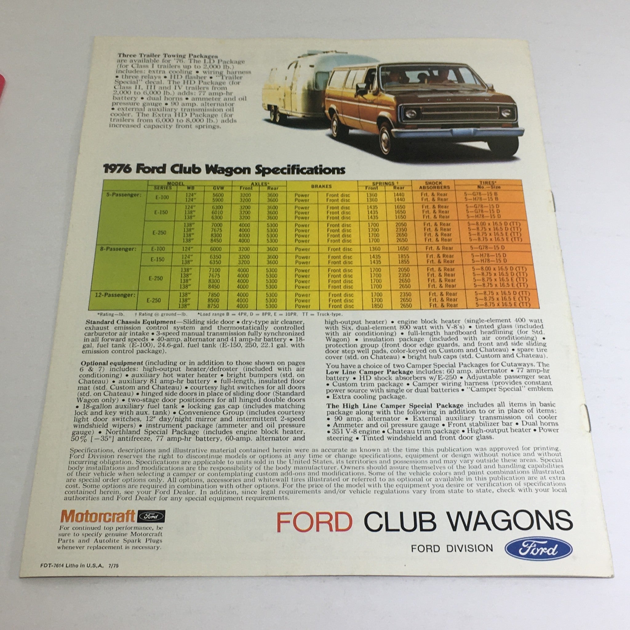 1976 Ford Club Wagons Specifications Car Dealership Auto Brochure Catalog