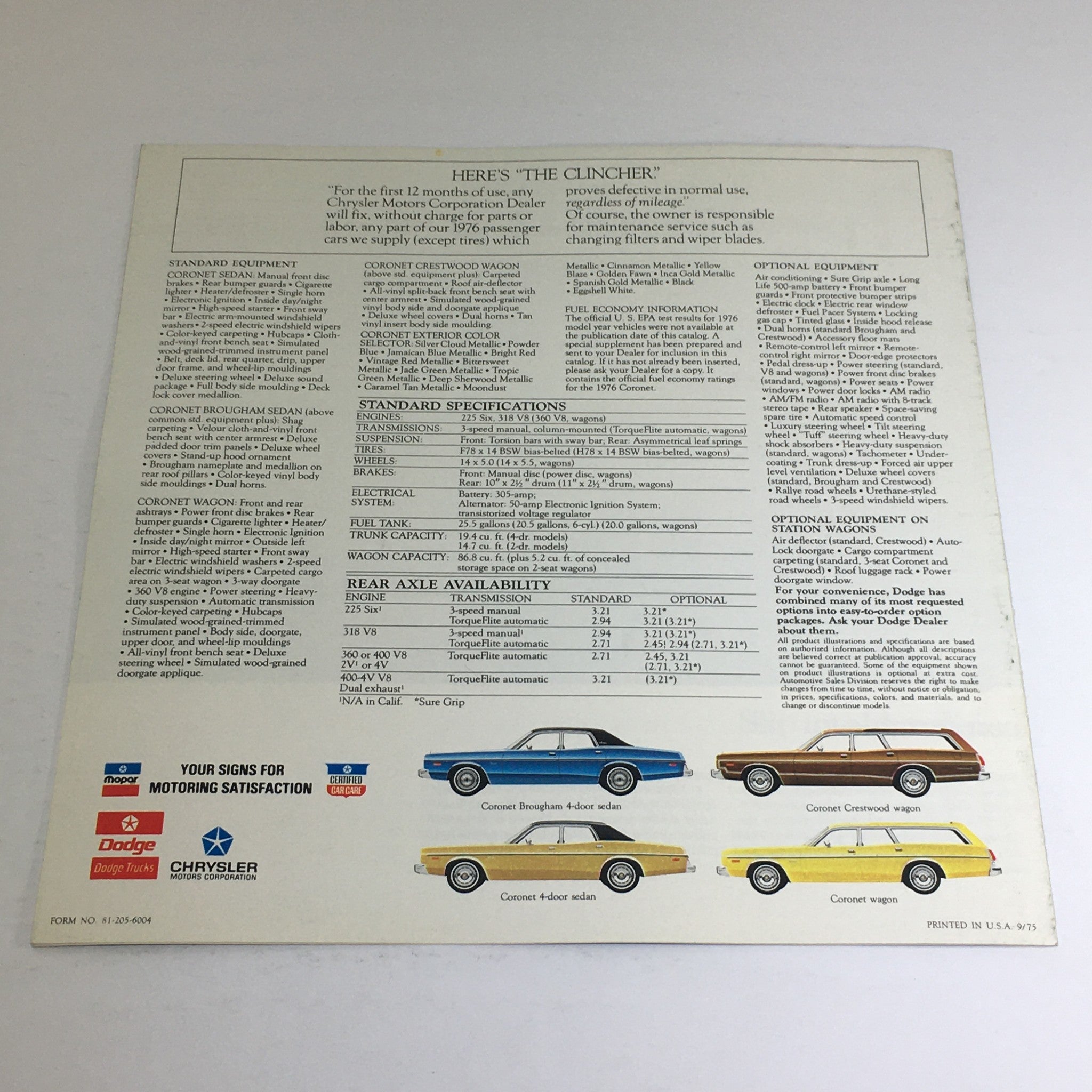 1976 Dodge Coronet Sedans, Wagons Specifications Car Auto Brochure Catalog