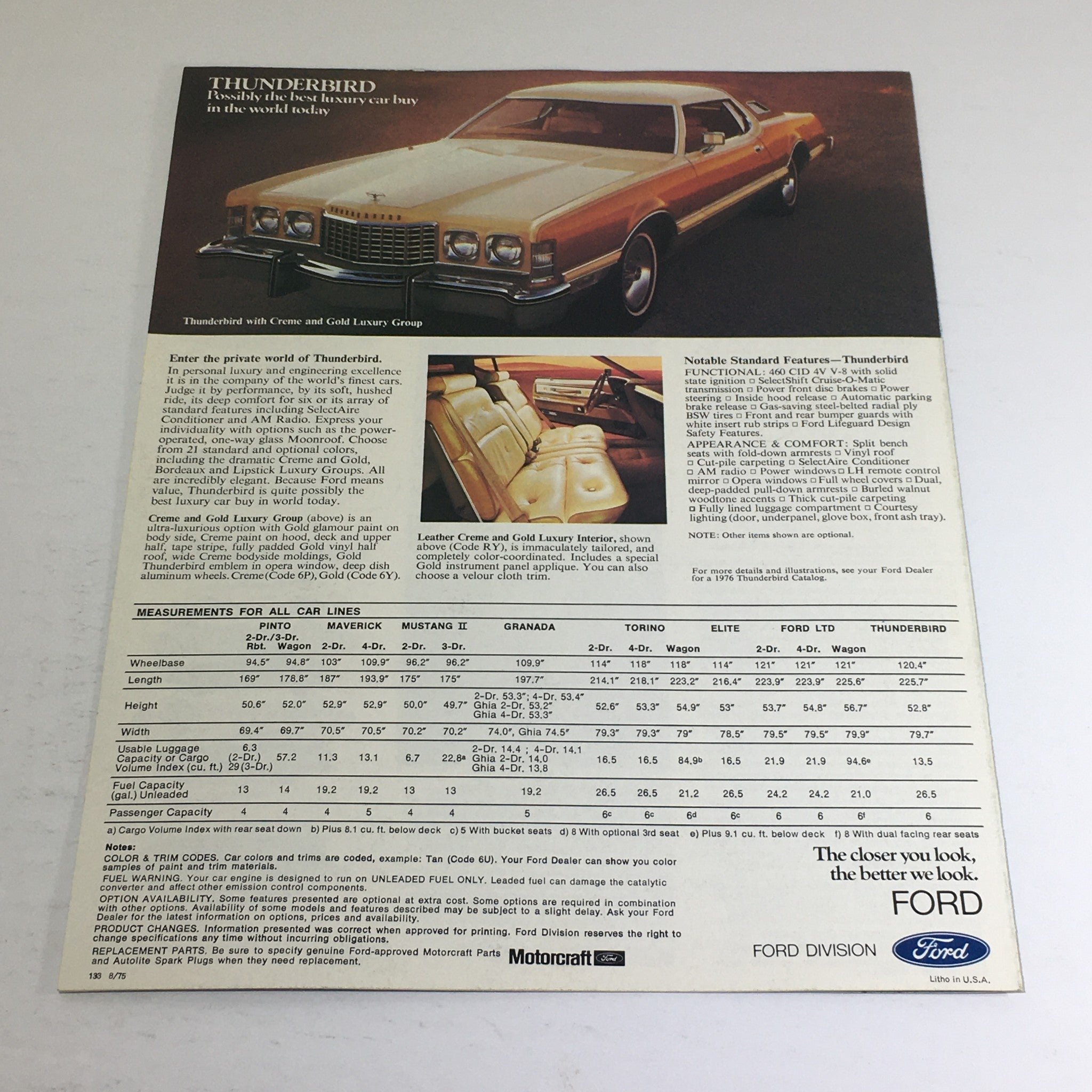 1976 Ford LTD, Granada Ghia Thunderbird Specifications Car Auto Brochure Catalog