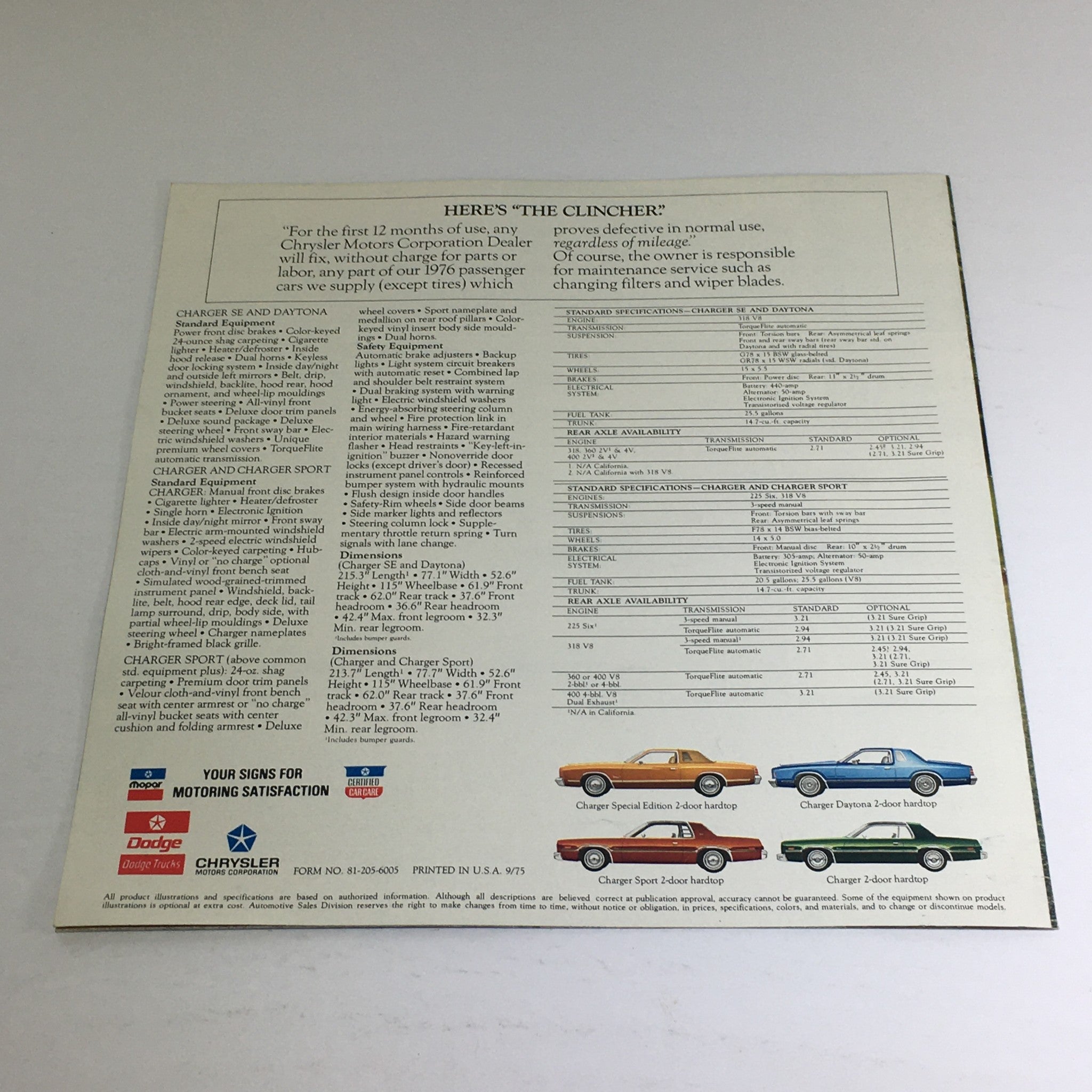 1976 Dodge Charger, Daytona, Sport. Specifications Car Auto Brochure Catalog