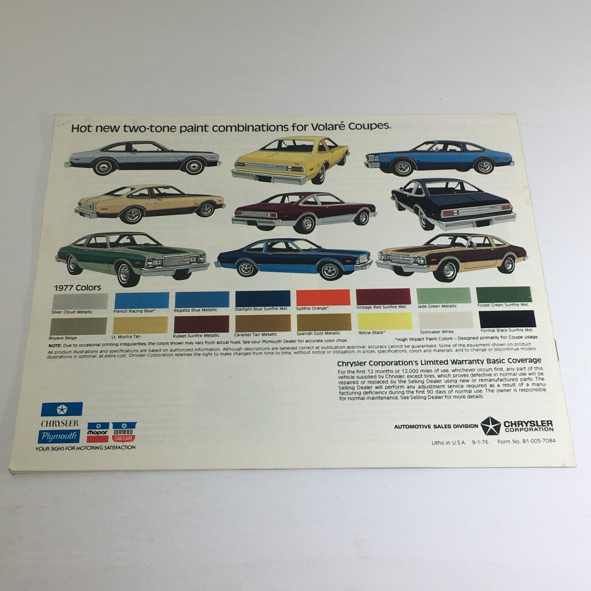 1977 Plymouth Volare Custom Two-Tone Coupe Dealership Car Auto Brochure Catalog