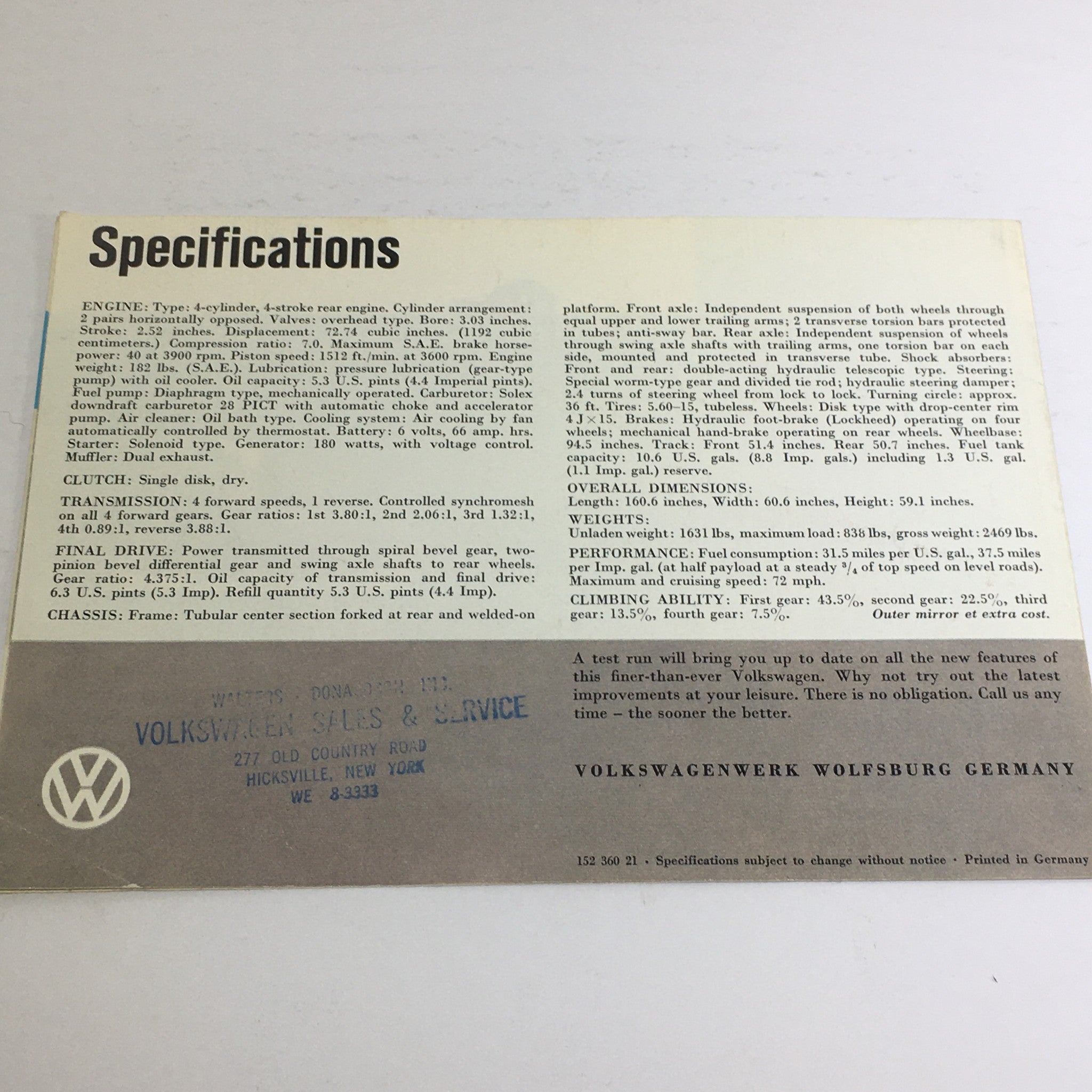 1961 Volkswagen Beetle Latest Features Dealership Car Auto Brochure Catalog