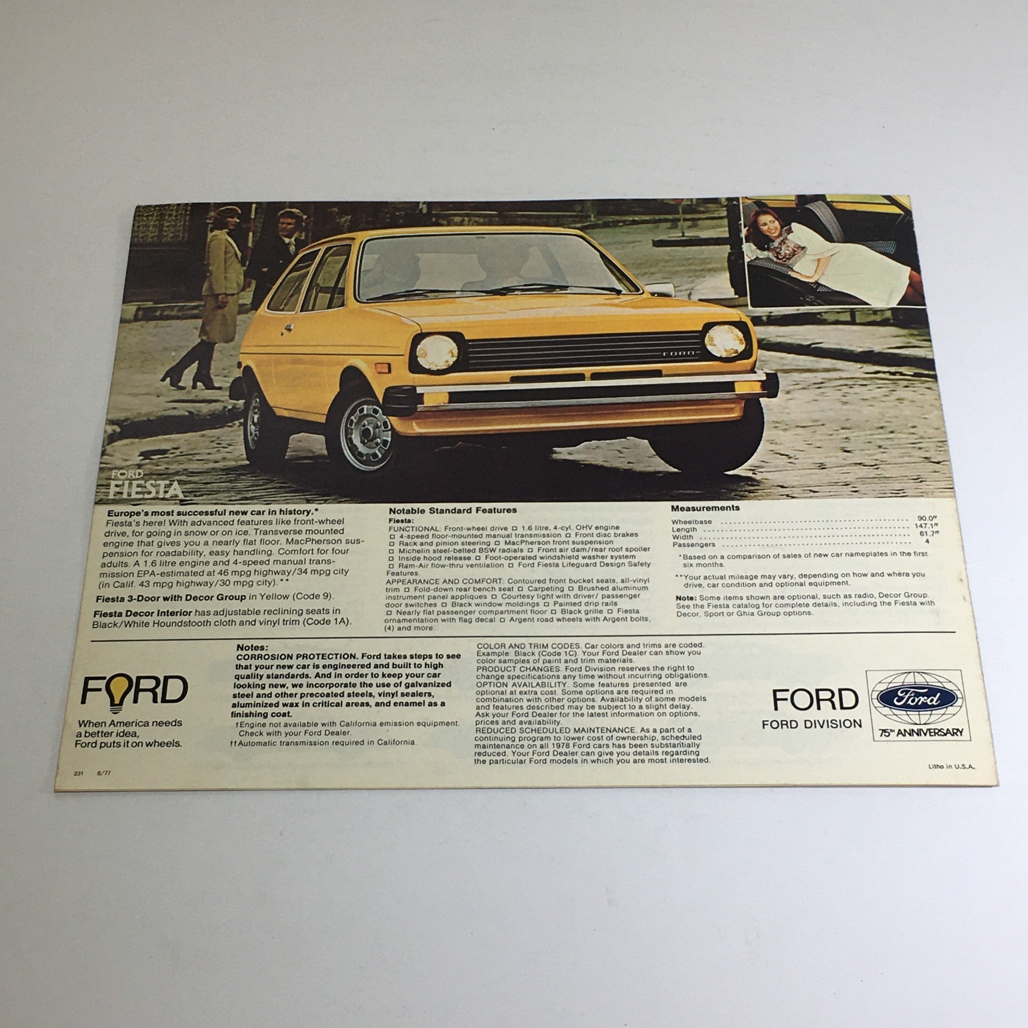 1978 Ford Pinto Fiesta Specifications Dealership Car Auto Brochure Catalog