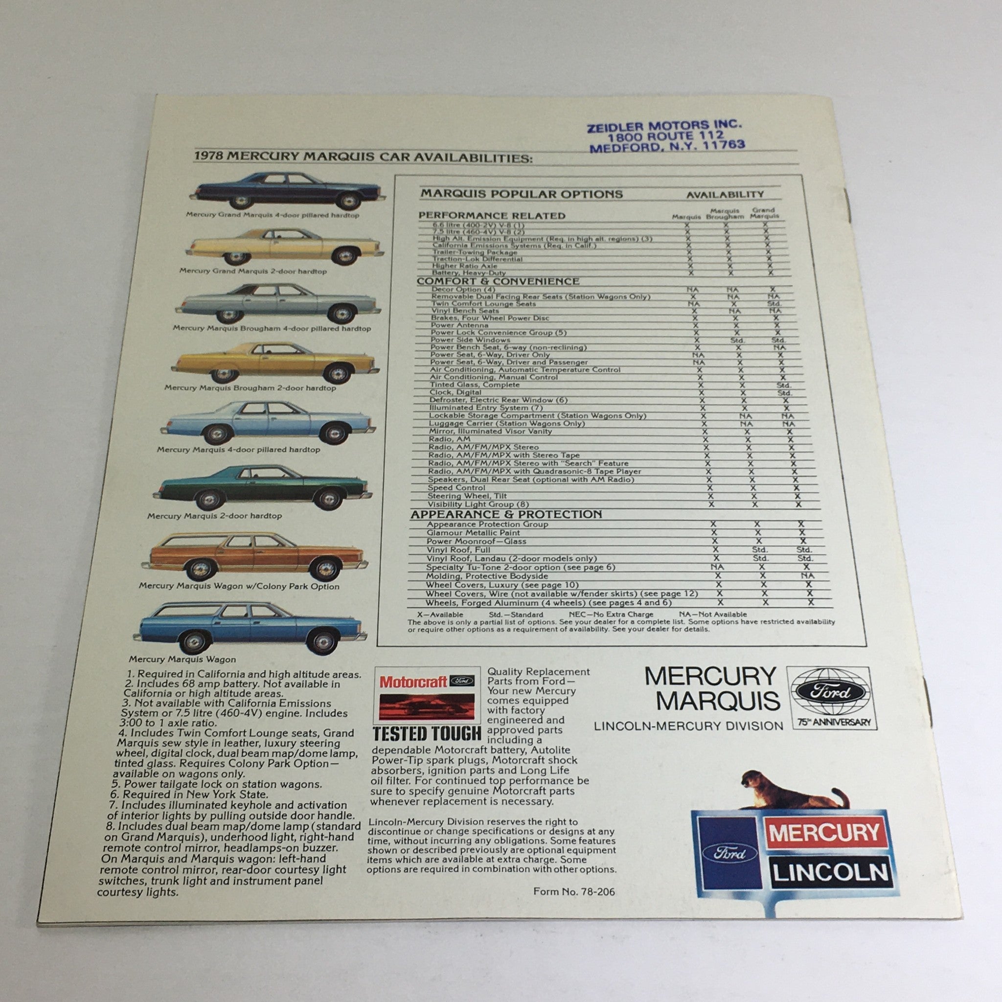 1978 Mercury Marquis Popular Options Dealership Car Auto Brochure Catalog