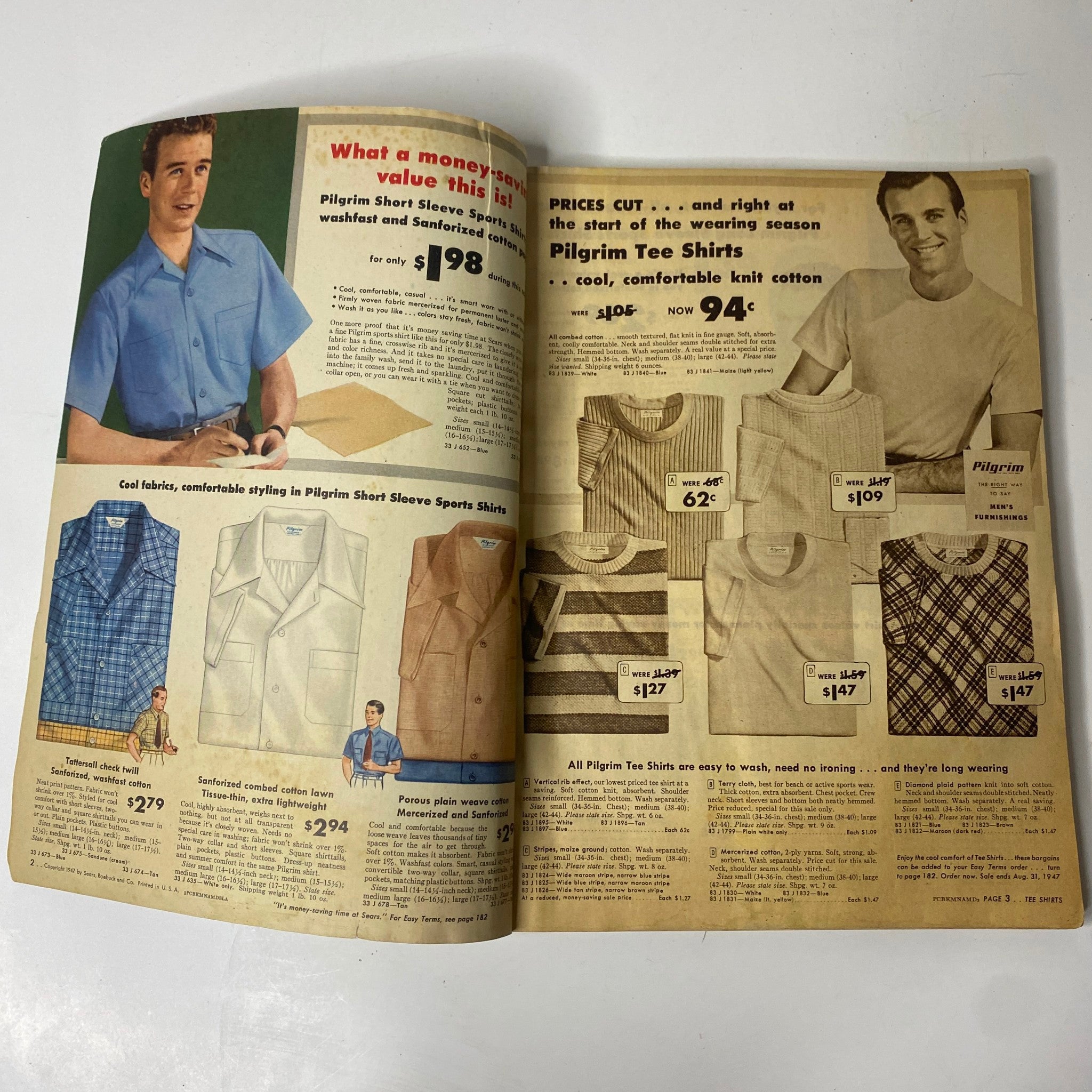 Interior page of the 1947 Sears Midsummer Sale Catalog displaying men's Pilgrim short sleeve sports shirts and tee shirts, highlighting prices and features with vintage illustrations.