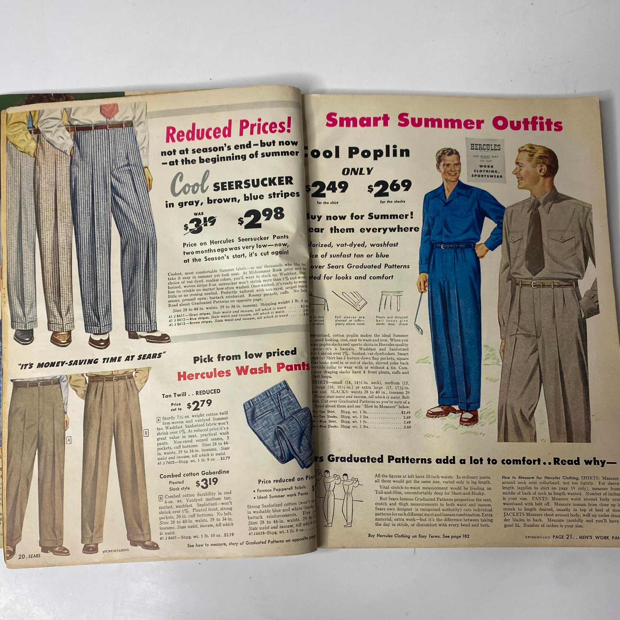Interior page of the 1947 Sears Midsummer Sale Catalog featuring summer outfit options including cool seersucker pants and poplin shirts, highlighting prices and styles for men.