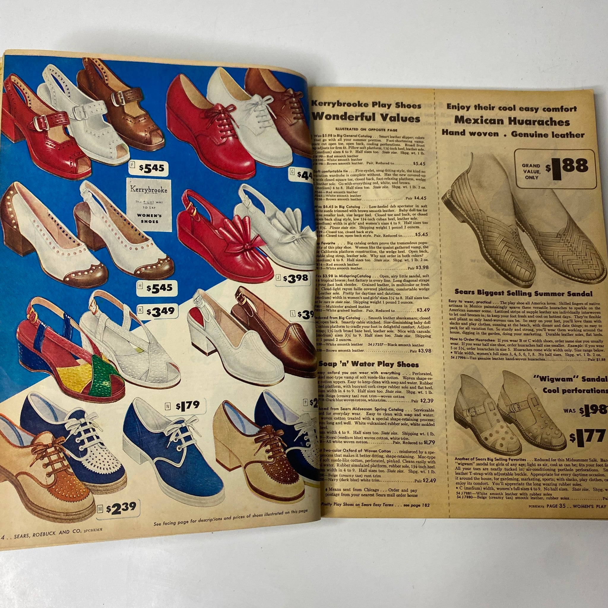Interior page of the 1947 Sears Midsummer Sale Catalog showcasing women's shoes including Kerrybrooke play shoes and Mexican huaraches, with price details and vintage design.