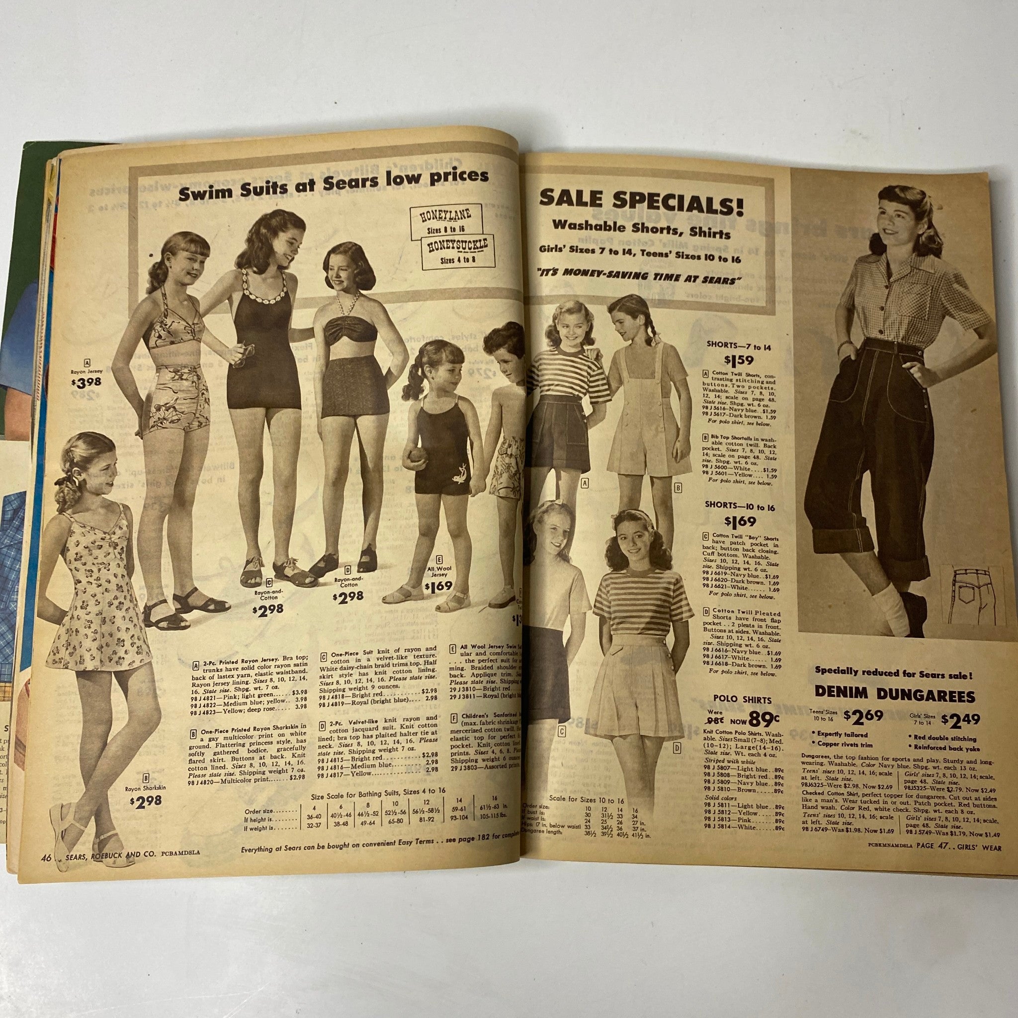 1947 Sears Midsummer Sale Catalog showcasing a variety of summer swim suits and special sale shorts for children and teenagers, reflecting mid-20th century fashion trends.