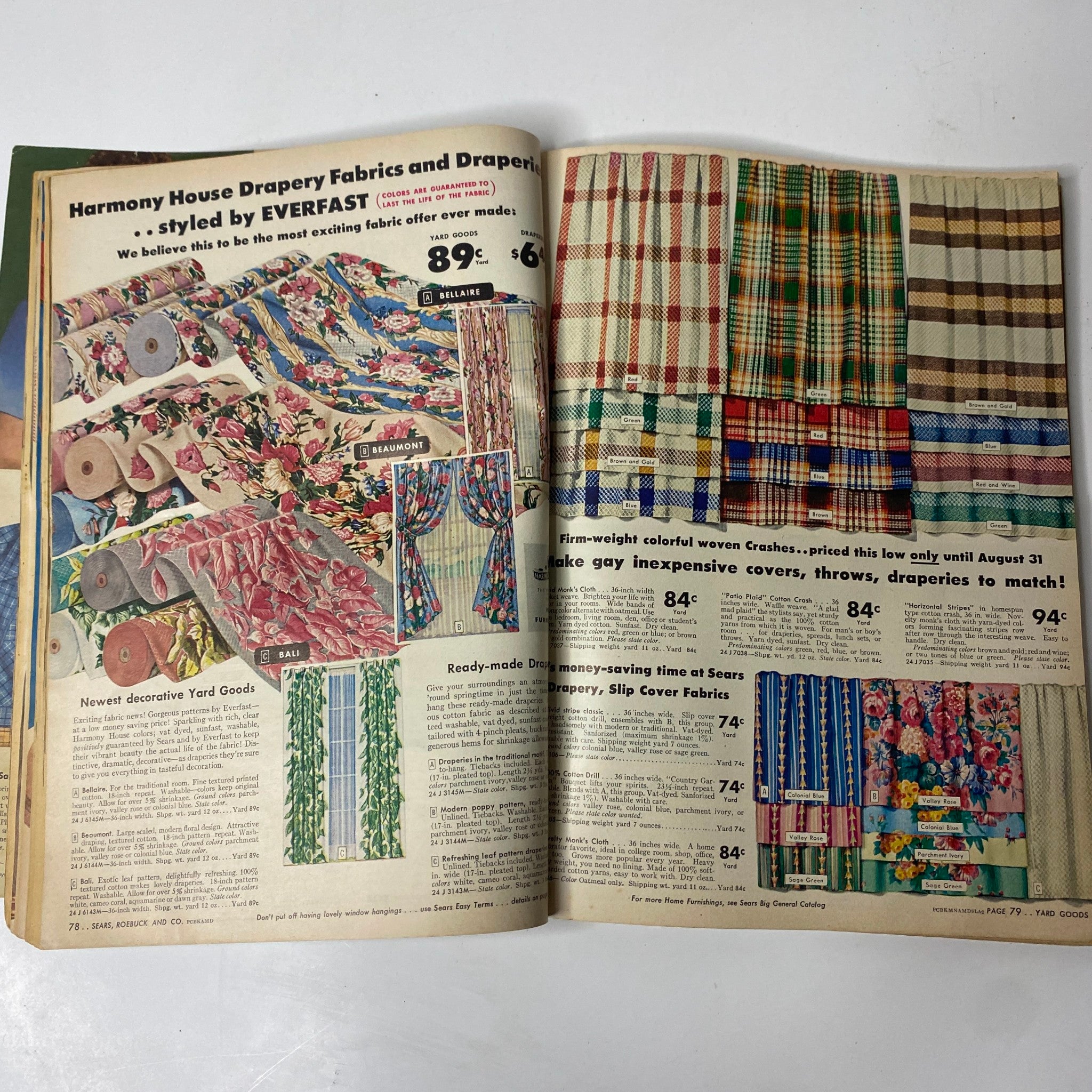 1947 Sears Midsummer Sale Catalog featuring Harmony House drapery fabrics and decorative yard goods, illustrating the vibrant patterns and colors available in the post-war era.
