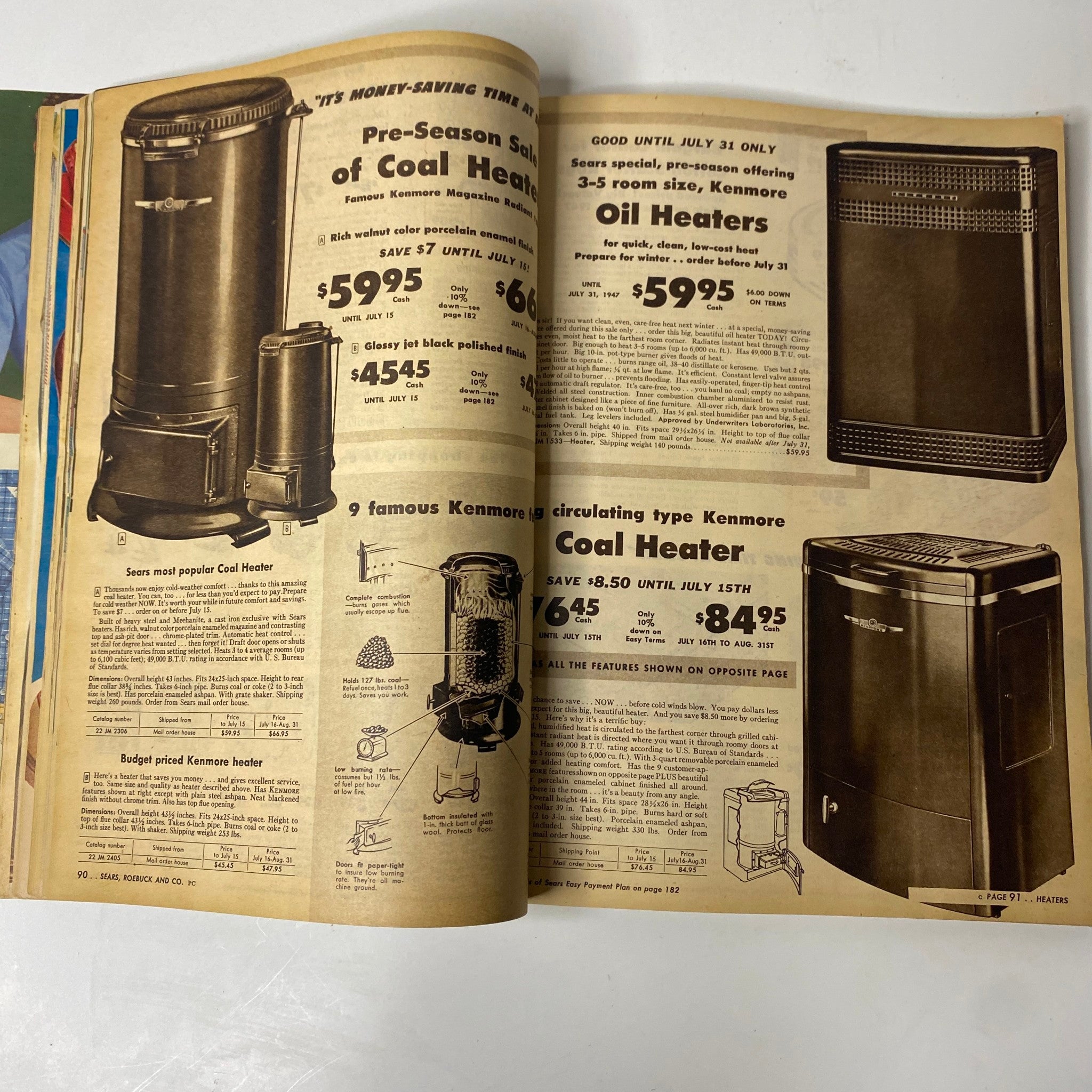 1947 Sears Midsummer Sale Catalog page displaying pre-season sale offerings for Kenmore coal and oil heaters, highlighting the features and prices of heating appliances from the 1940s.
