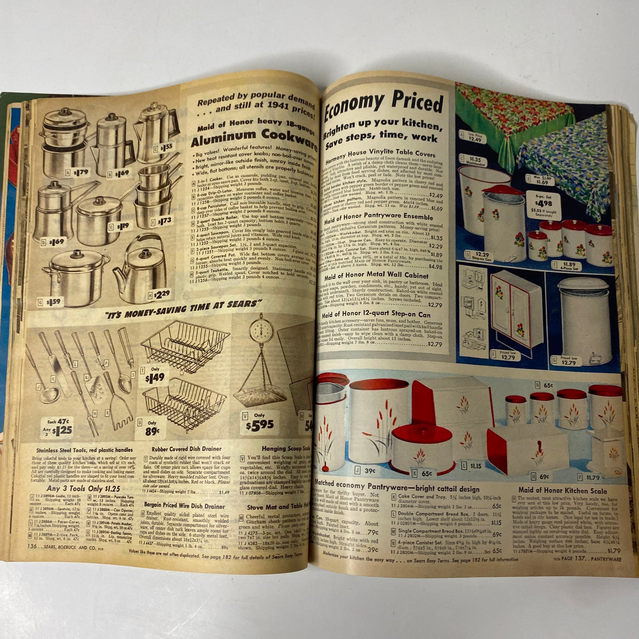 1947 Sears Midsummer Sale Catalog with a focus on Maid of Honor aluminum cookware and kitchenware, providing an overview of economical kitchen items prevalent in the mid-century.