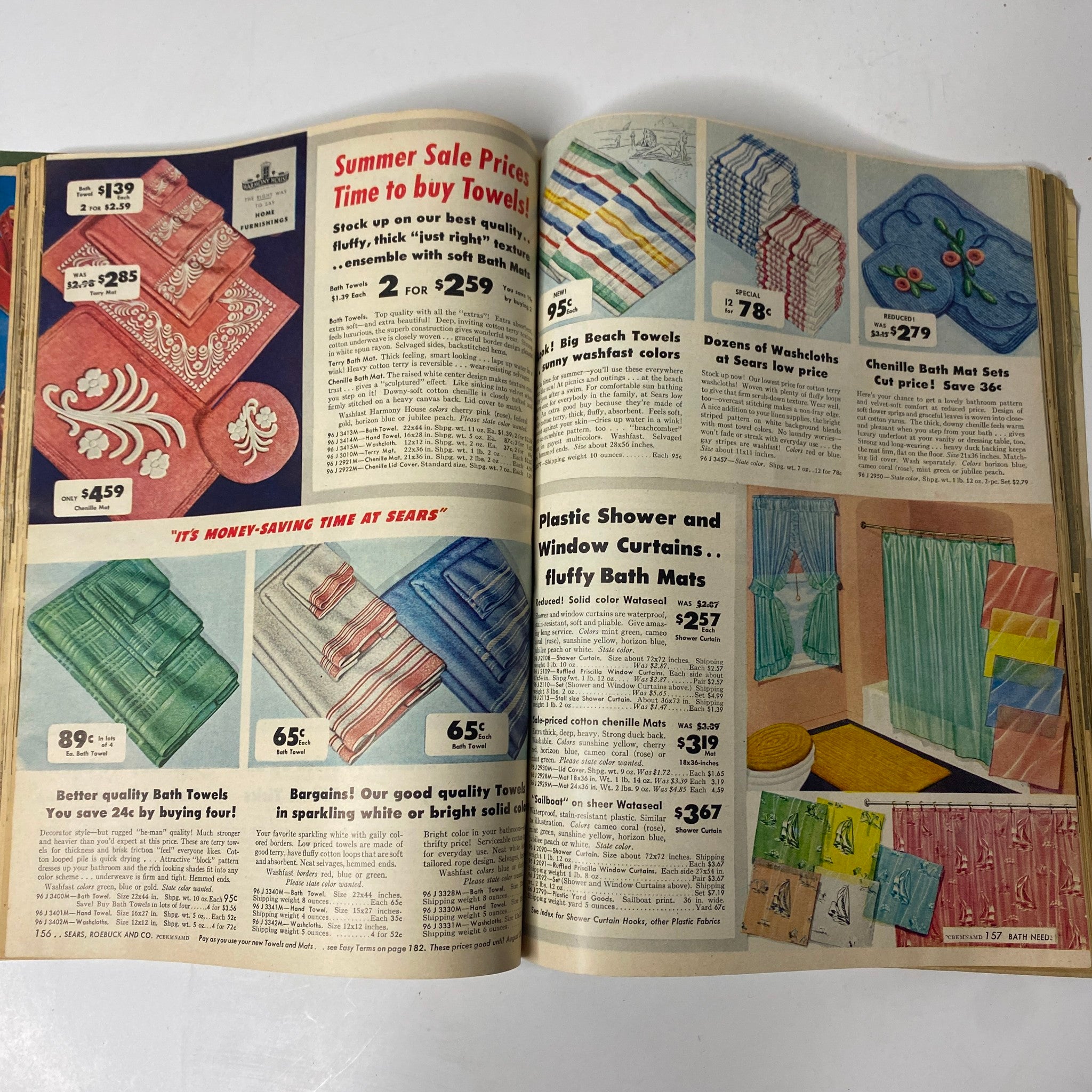 1947 Sears Midsummer Sale Catalog page advertising summer sale prices for towels and bath mats, showcasing colorful bathroom textiles and home accessories from the 1940s.