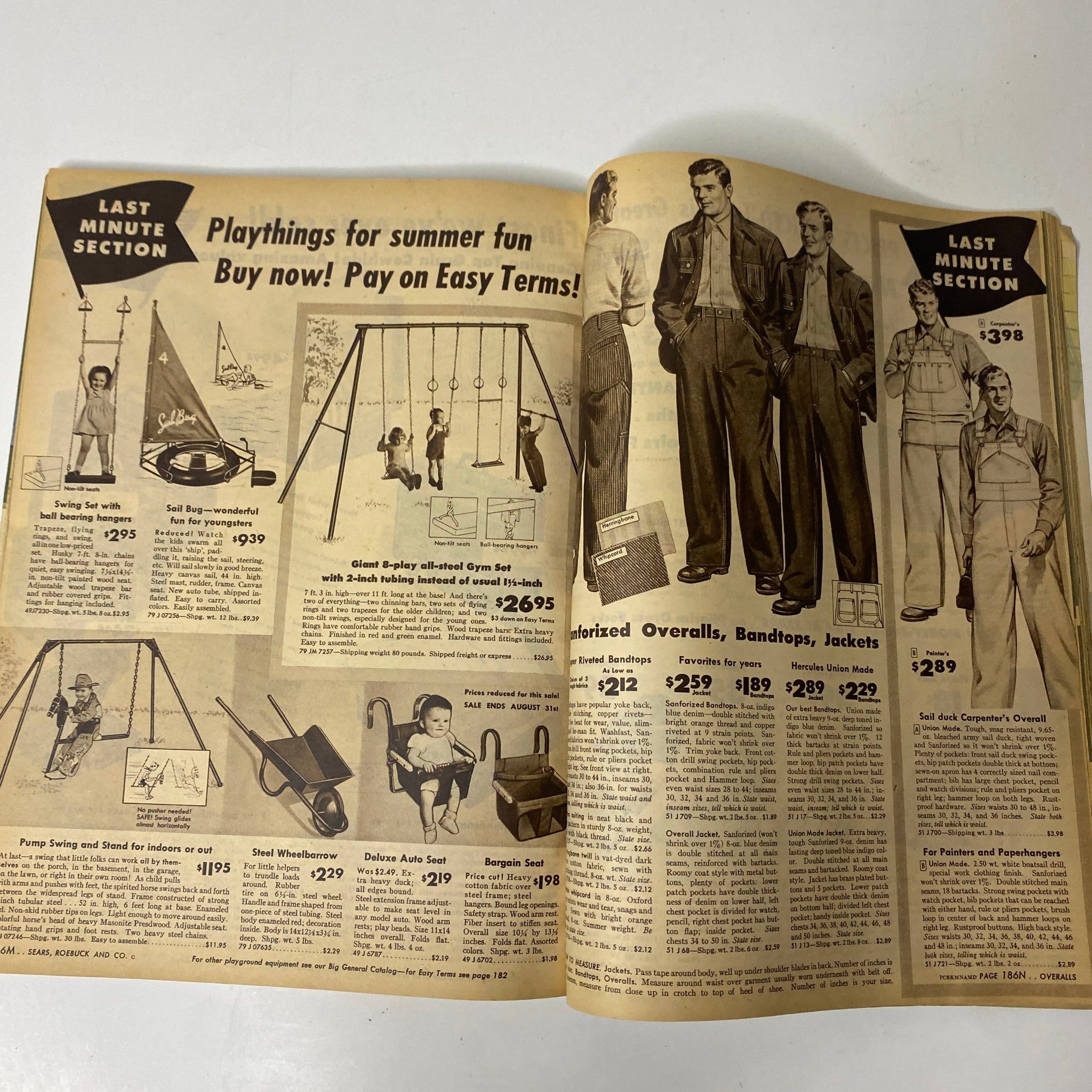 1947 Sears Midsummer Sale Catalog page displaying a last-minute section with summer playthings including swings, outdoor toys, and summer apparel, highlighting affordable prices.