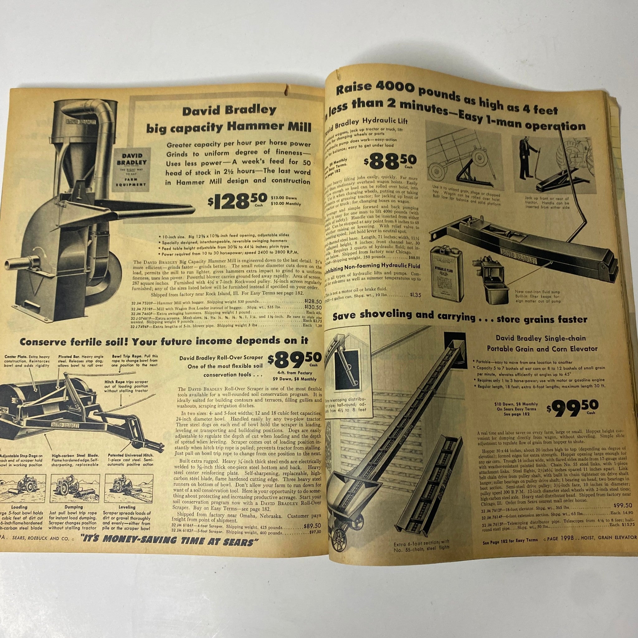 1947 Sears Midsummer Sale Catalog page featuring farming equipment and tools such as a hammer mill and hydraulic lift, showcasing the practical products available during the summer sale.