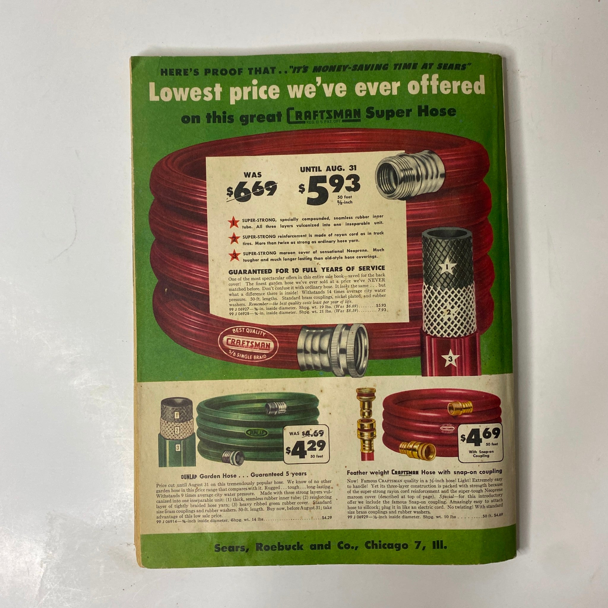 1947 Sears Midsummer Sale Catalog image advertising a Craftsman super hose with a price reduction, emphasizing value and quality for summer gardening needs.