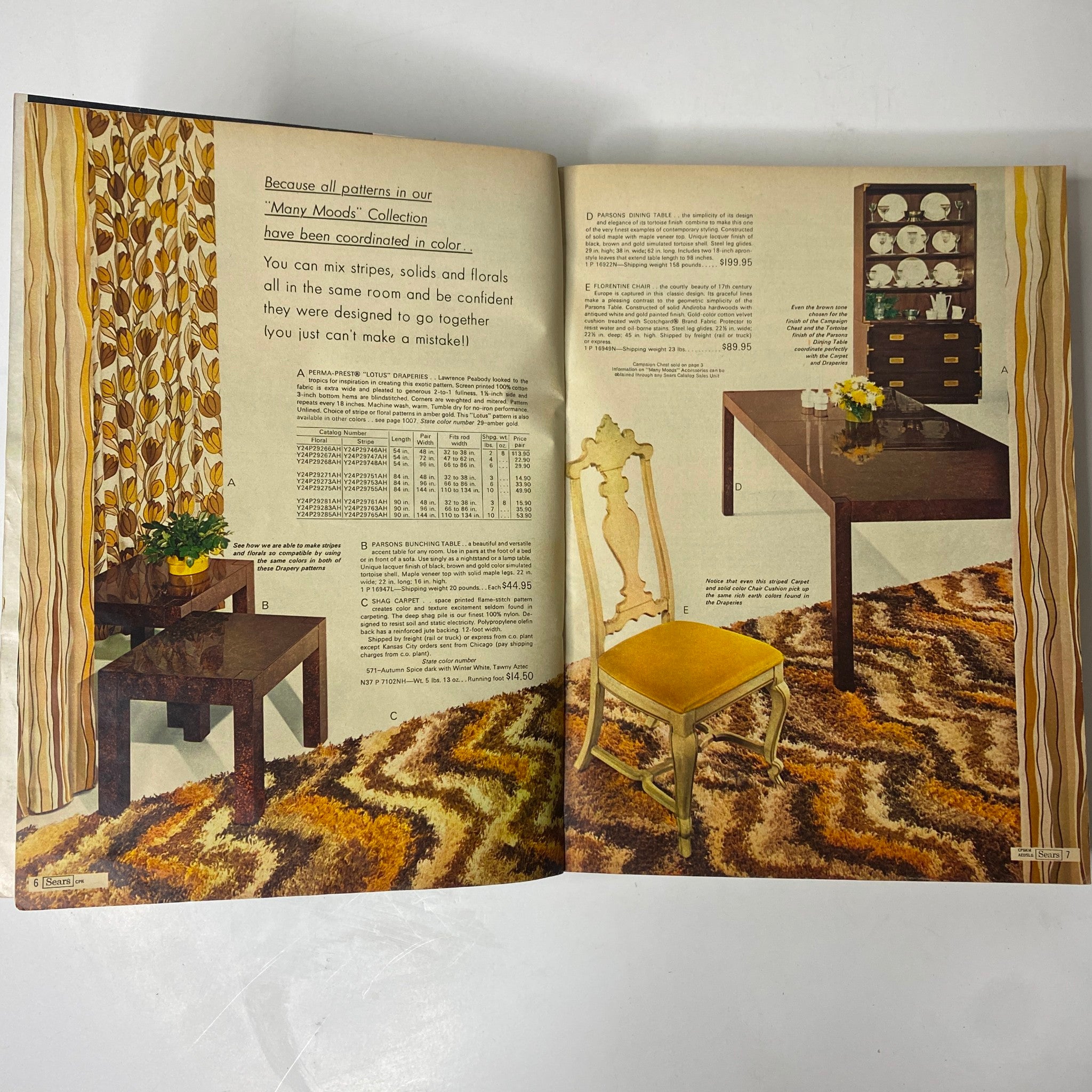 Interior pages from the 1970 Sears, Roebuck and Co. Spring and Summer Catalog displaying coordinated furniture designs from the "Many Moods" Collection, emphasizing 1970s home decor.