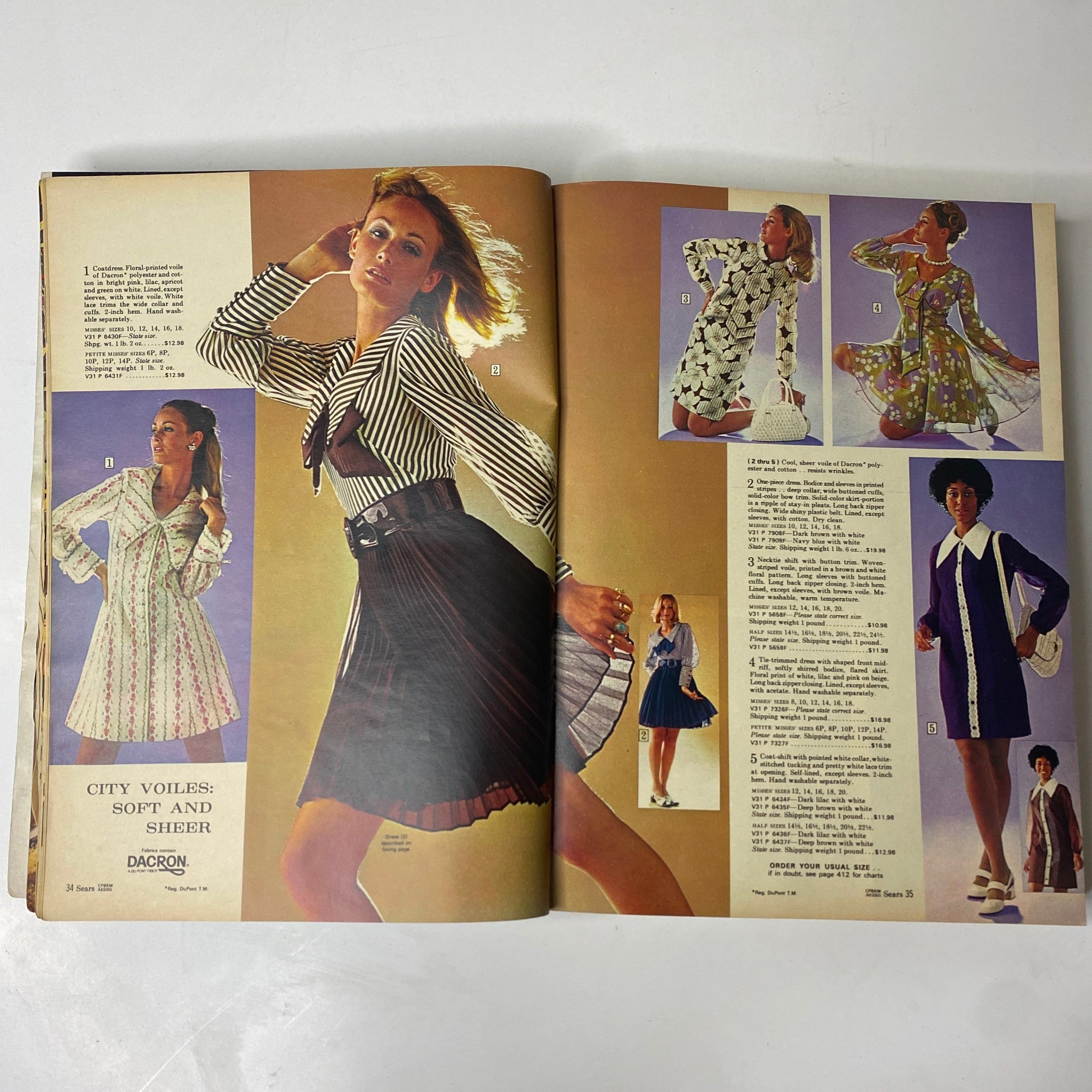 Exciting dress styles displayed in the 1970 Sears, Roebuck and Co. Spring and Summer Catalog, showcasing bold patterns and colors in women's fashion from the 1970s.