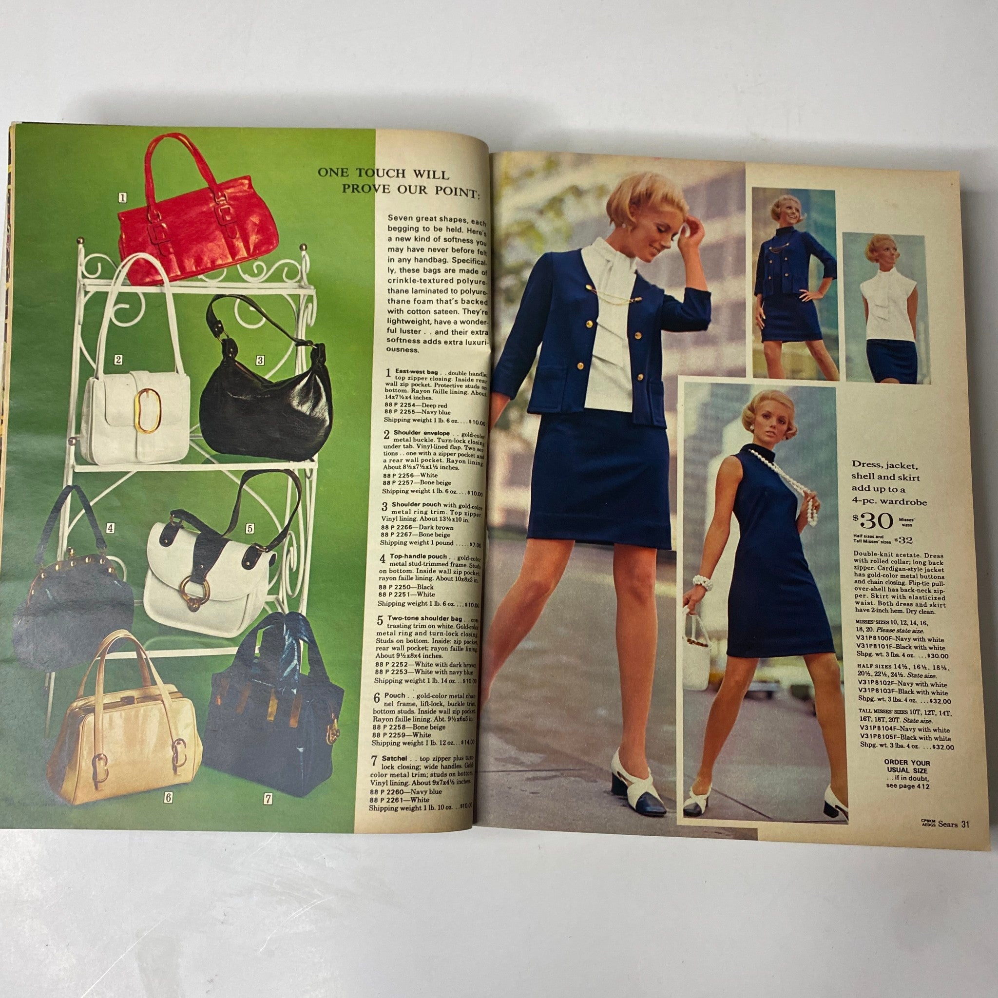 Accessory and outfit showcase from the 1970 Sears, Roebuck and Co. Spring and Summer Catalog, featuring handbags and model styling that represent the chic fashion of the early 1970s.