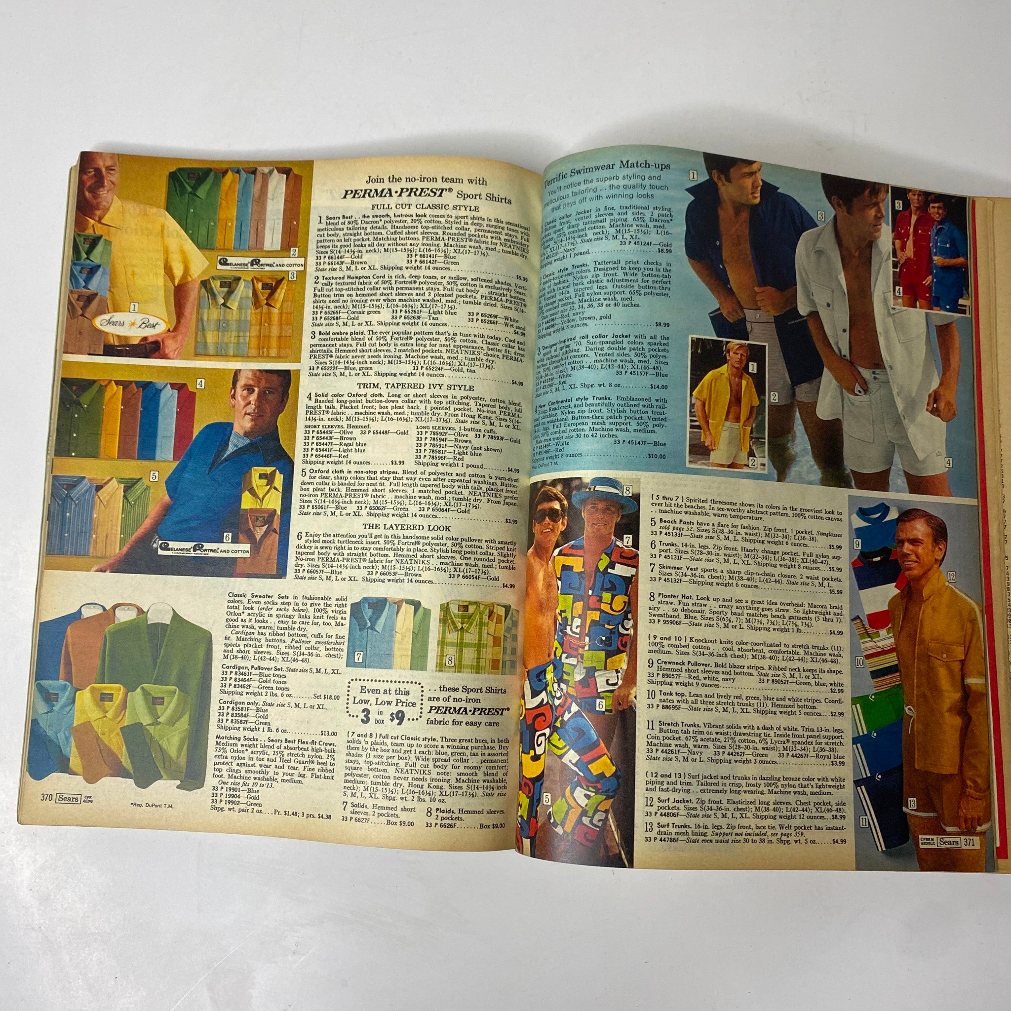 Vintage 1970 Sears, Roebuck and Co. Spring and Summer Catalog showcasing men's sport shirts, detailed descriptions, and colorful illustrations of classic styles.