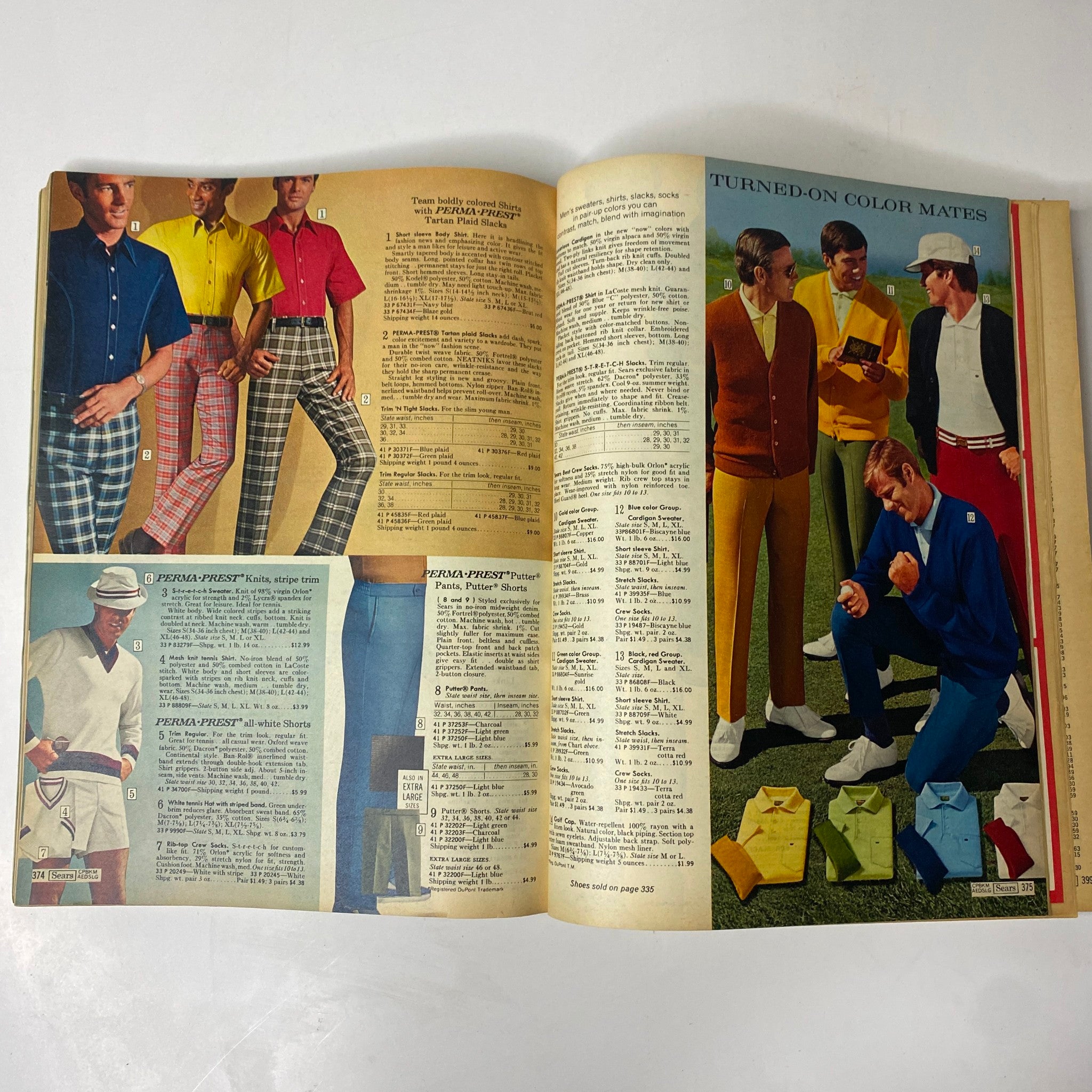 Interior page of the 1970 Sears, Roebuck and Co. Spring and Summer Catalog featuring stylish outfits for men, with an emphasis on vibrant colors and patterned clothing.
