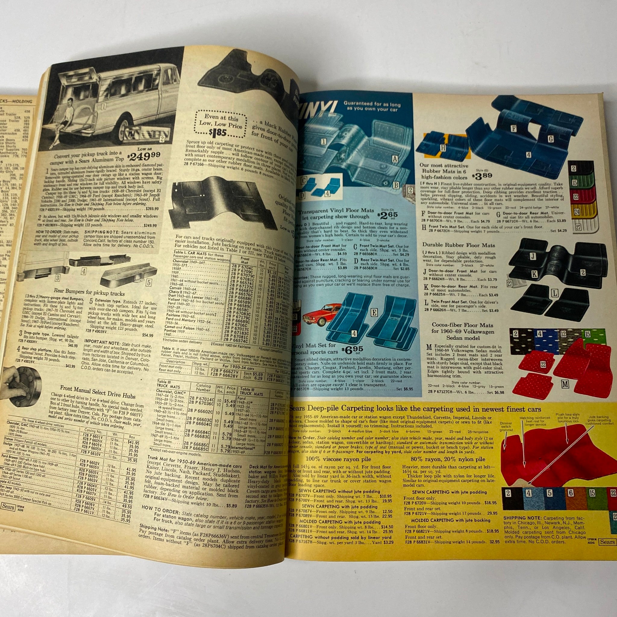 1970 Sears, Roebuck and Co. Spring and Summer Catalog page displaying car accessories and vinyl floor mats, highlighting products available in vintage styles.