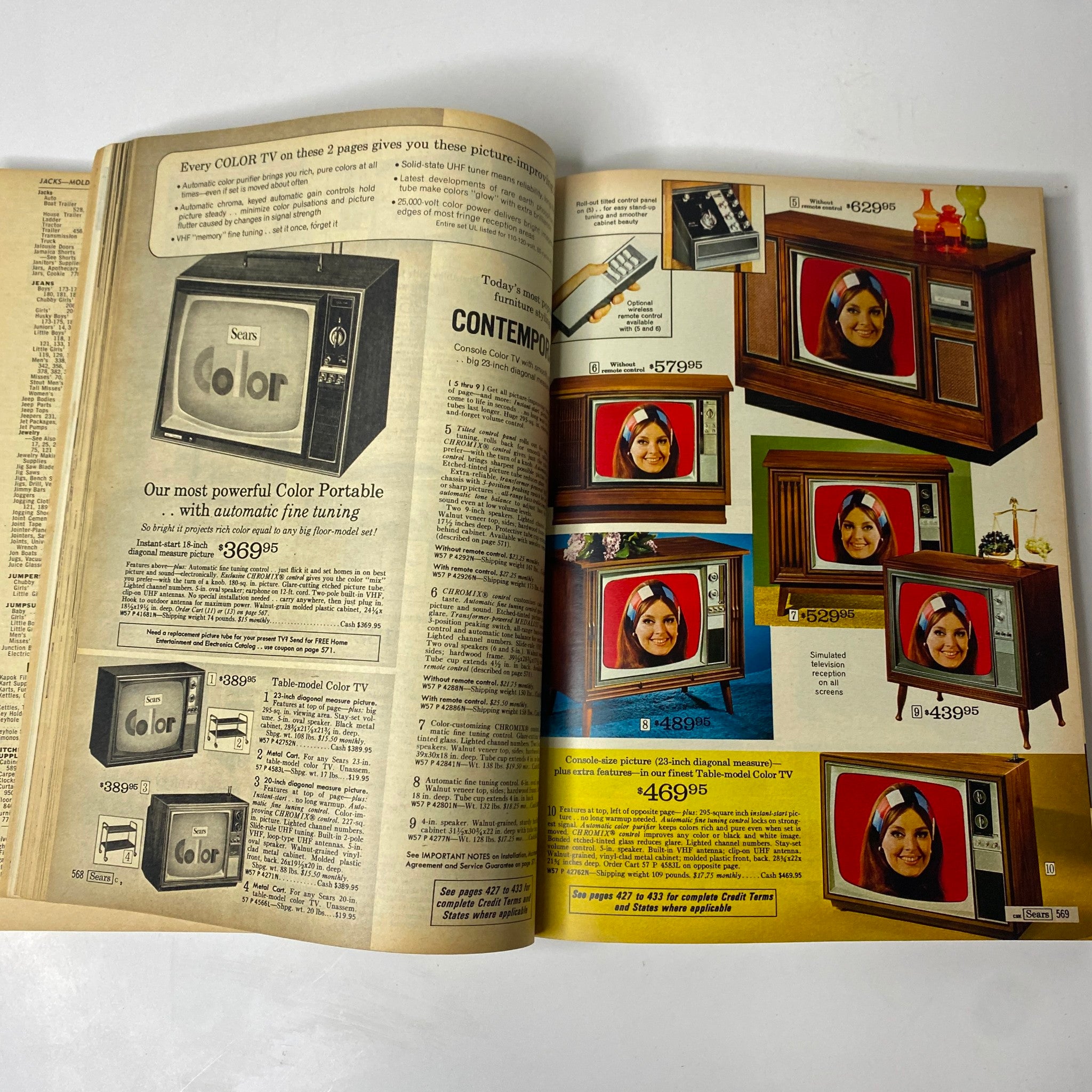 Advertisement from the 1970 Sears, Roebuck and Co. Spring and Summer Catalog featuring various models of color televisions for home entertainment.