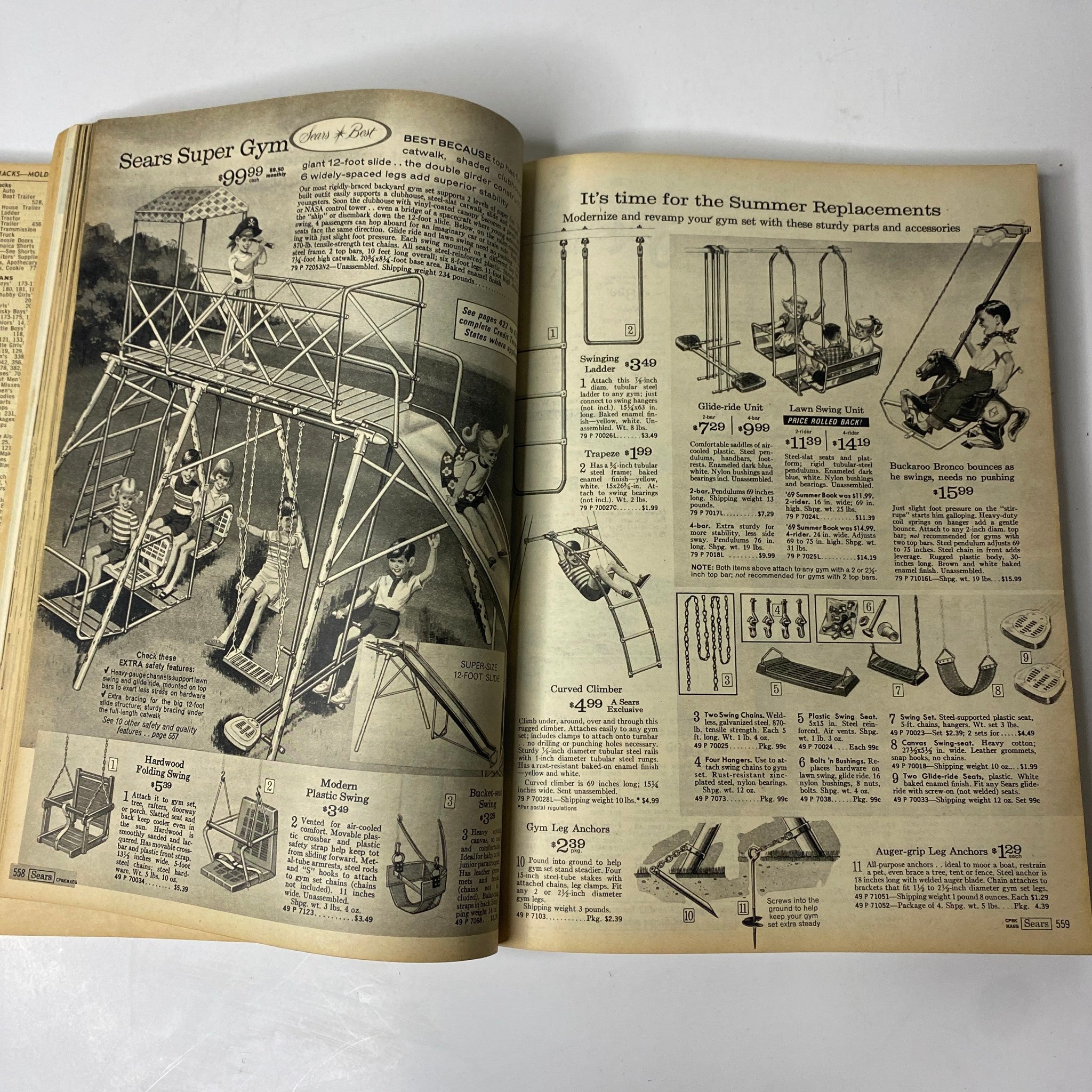 1970 Sears, Roebuck and Co. Spring and Summer Catalog illustration showcasing outdoor gym equipment for children, highlighting summer recreation options.