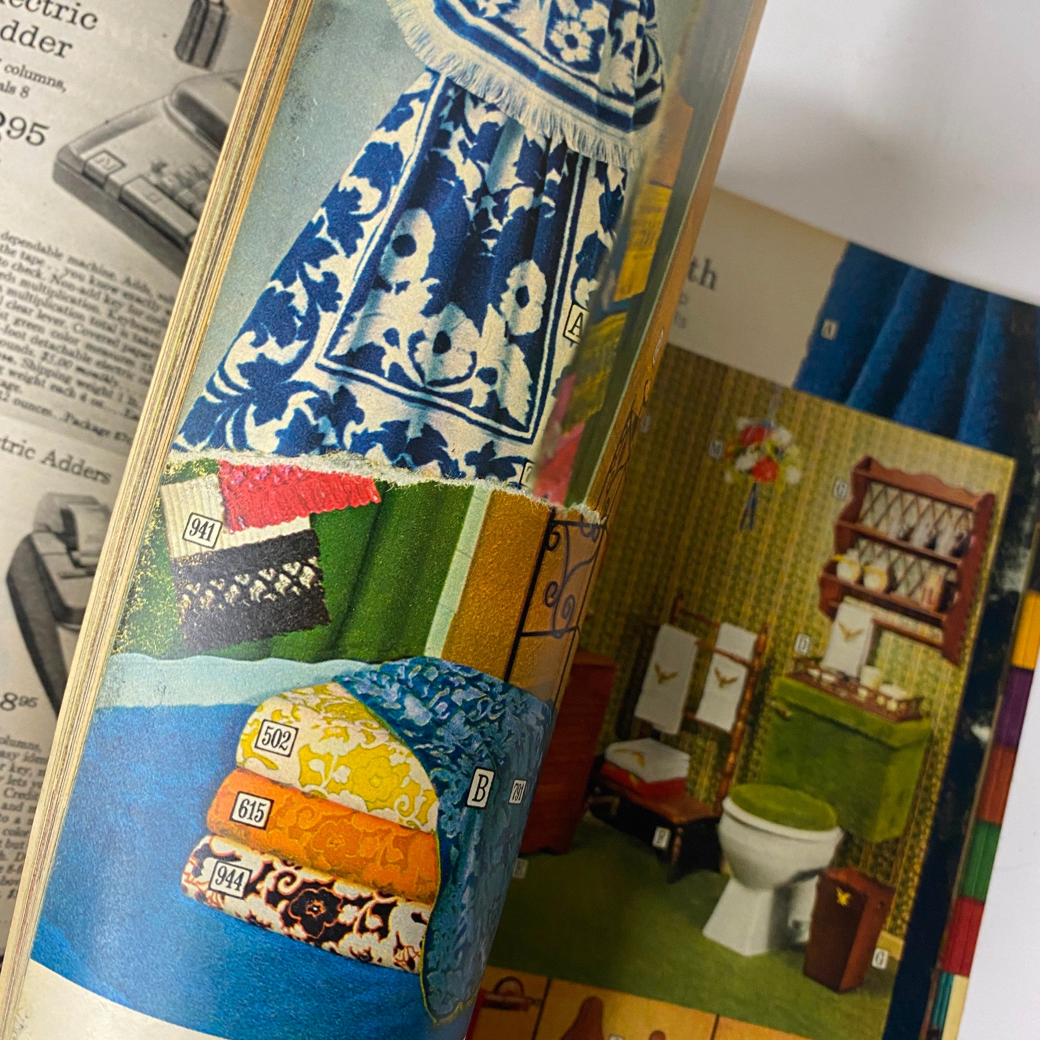 Colorful home textiles featured in the 1970 Sears, Roebuck and Co. Spring and Summer Catalog, showcasing vibrant patterns and designs.