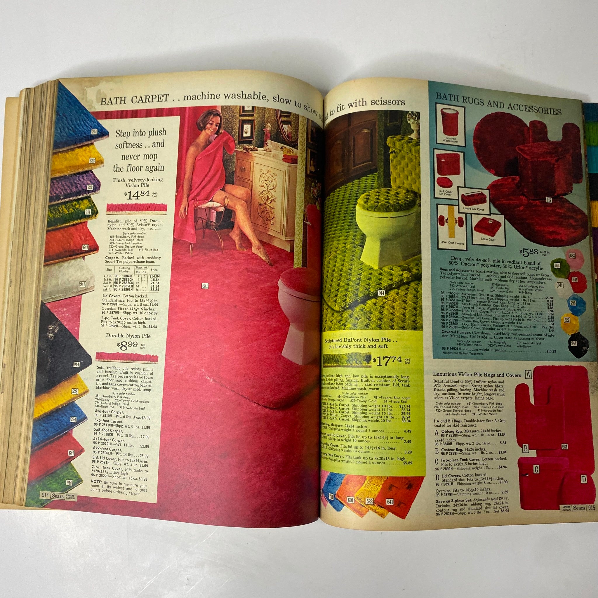Bath rugs and accessories displayed in the 1970 Sears, Roebuck and Co. Spring and Summer Catalog, emphasizing colorful and functional bathroom decor.