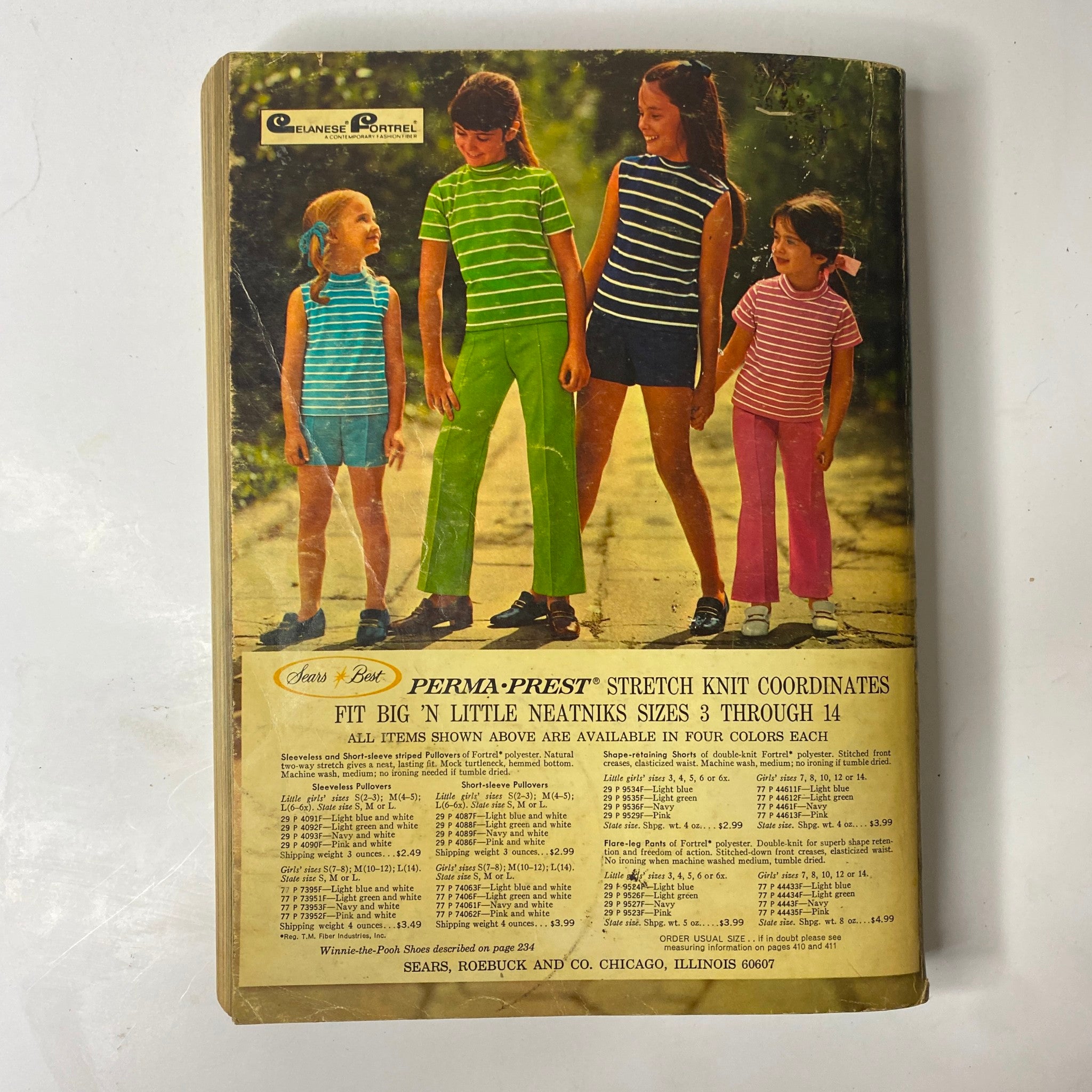 Back cover of the 1970 Sears, Roebuck and Co. Spring and Summer Catalog featuring children's stretch knit coordinates in assorted colors and sizes.