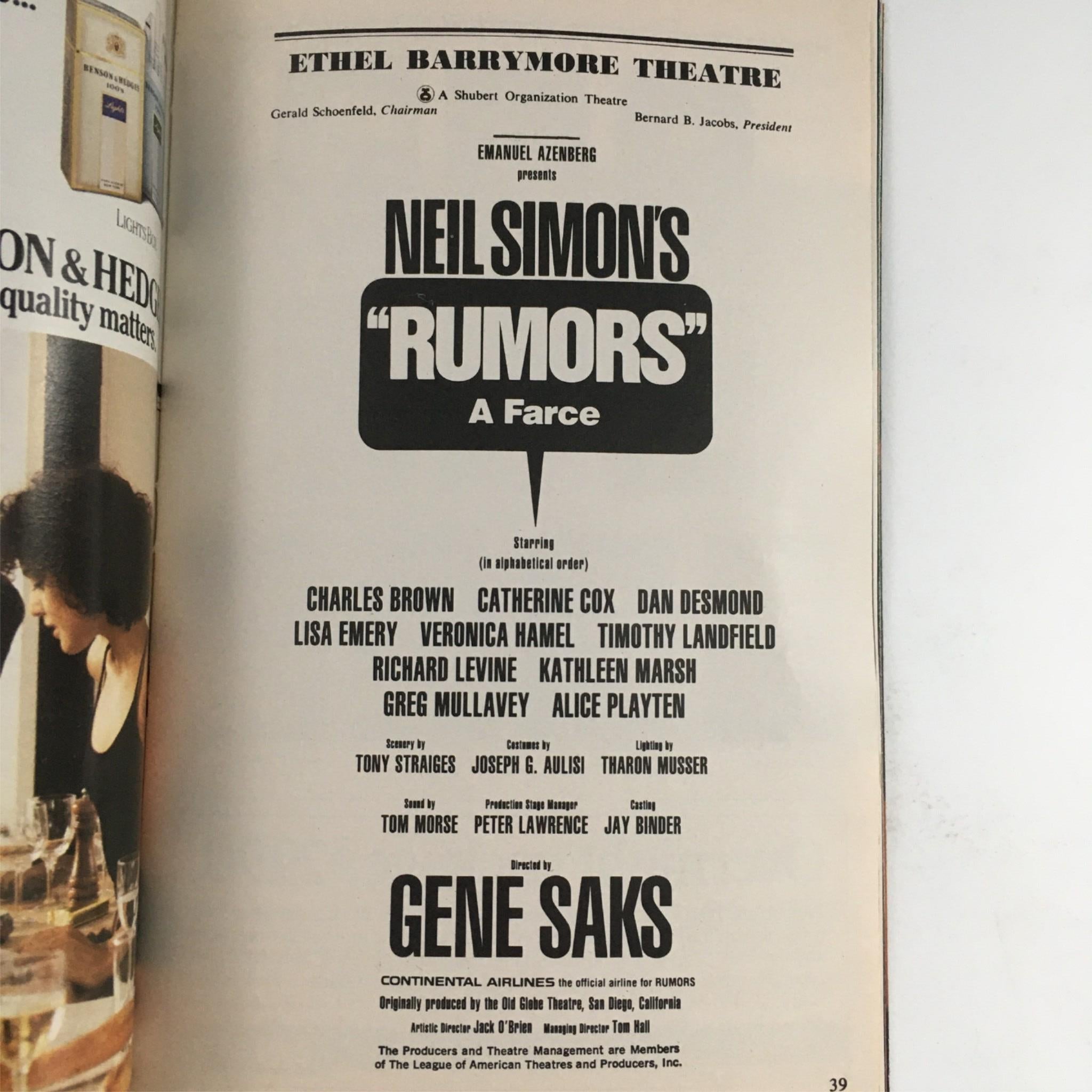 1989 Playbill Rumors by Neil Simon, Gene Saks at Ethel Barrymore Theatre