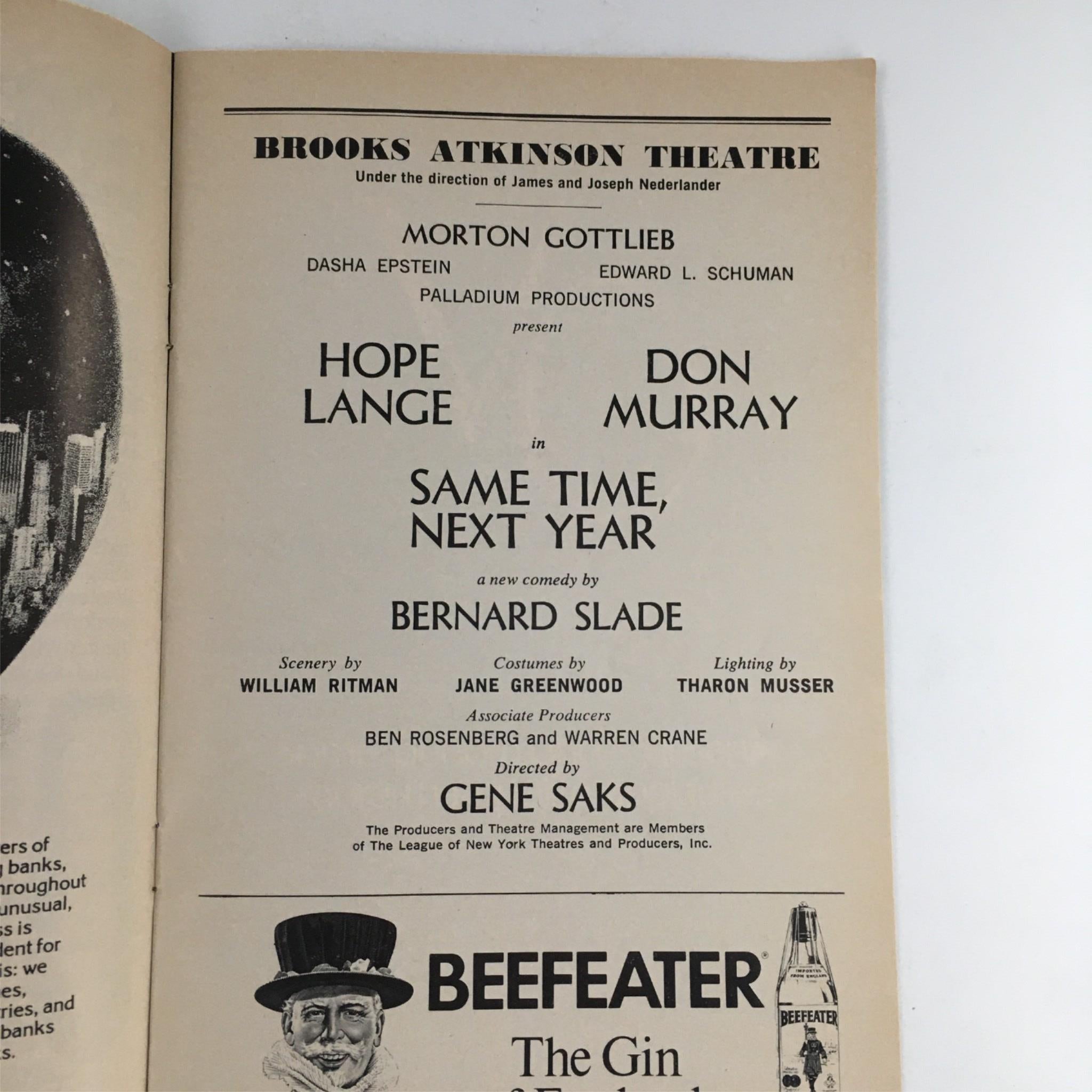 1977 Playbill Same Time, Next Year by Bernard Slade, Gene Saks Brooks Atkinson