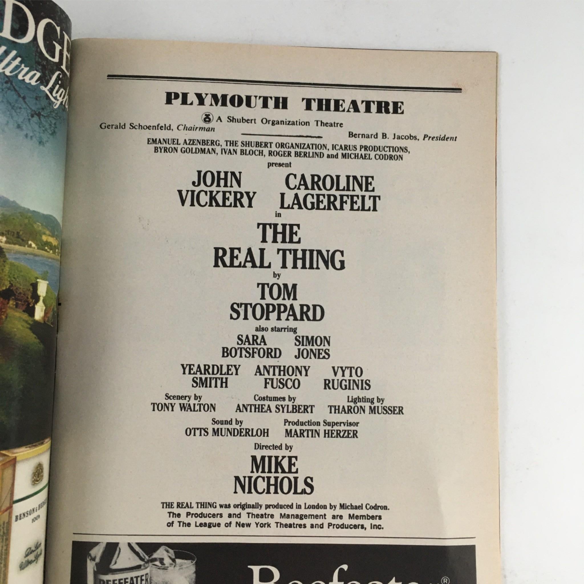 Playbill The Real Thing by Tom Stoppard, Mike Nichols at Plymouth Theatre