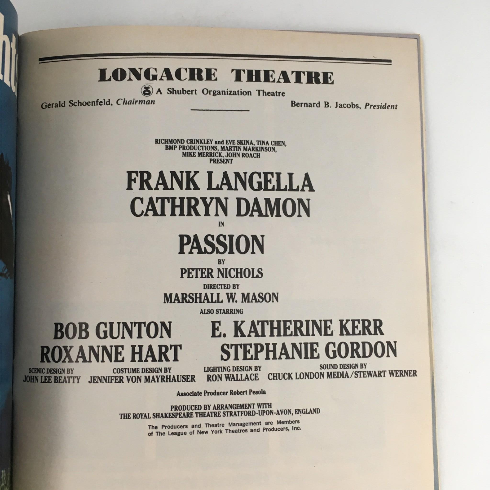 1983 Playbill Passion by Peter Nichols, Marshall Mason at Longacre Theatre