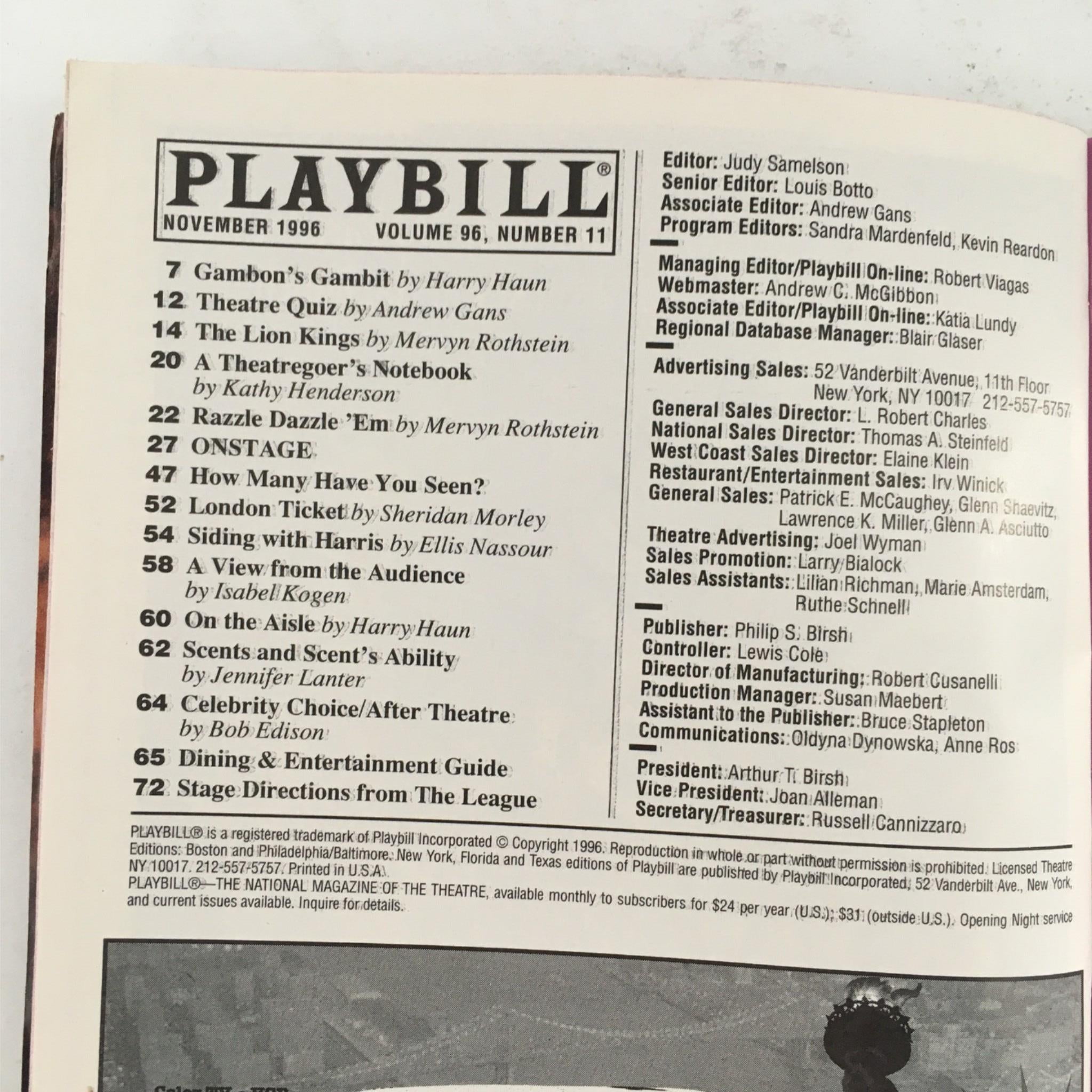 1996 Playbill Taking Sides by Ronald Harwood, David Jones at Brooks Atkinson