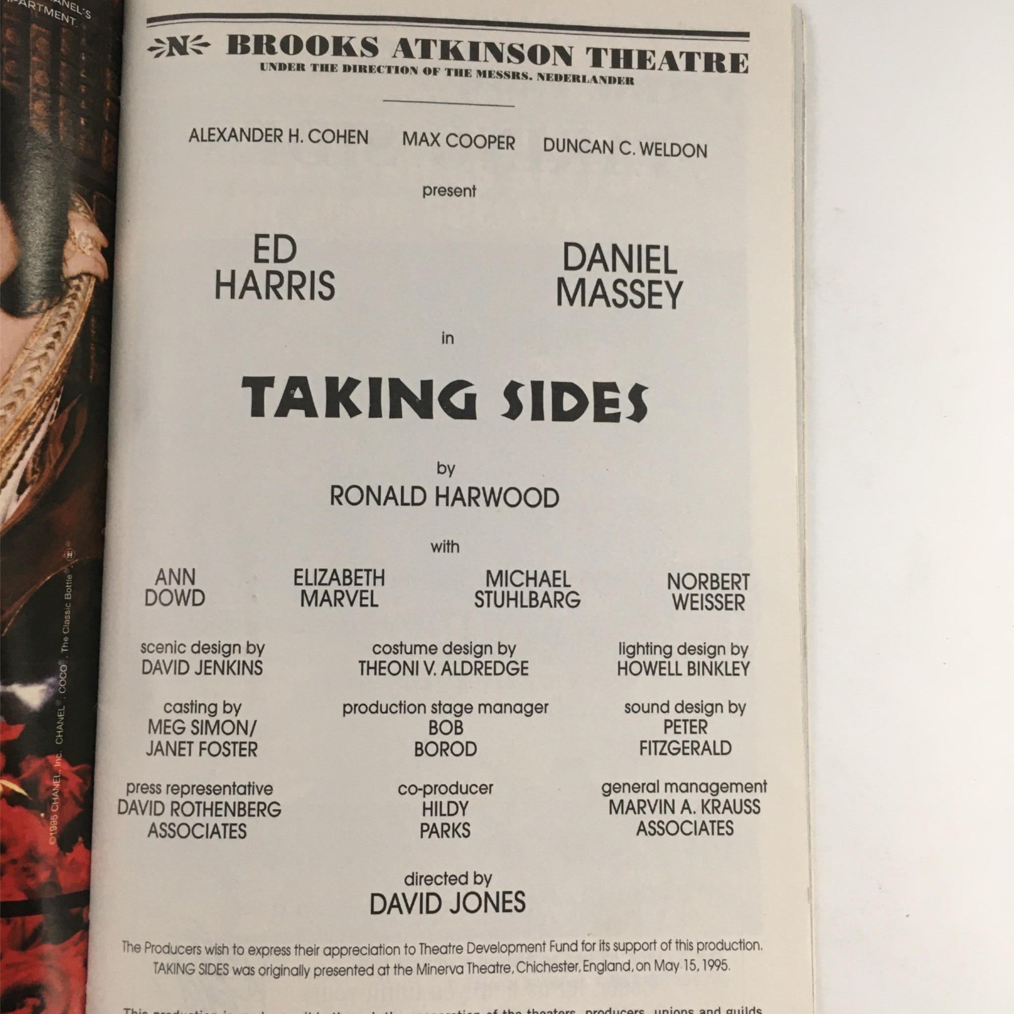 1996 Playbill Taking Sides by Ronald Harwood, David Jones at Brooks Atkinson