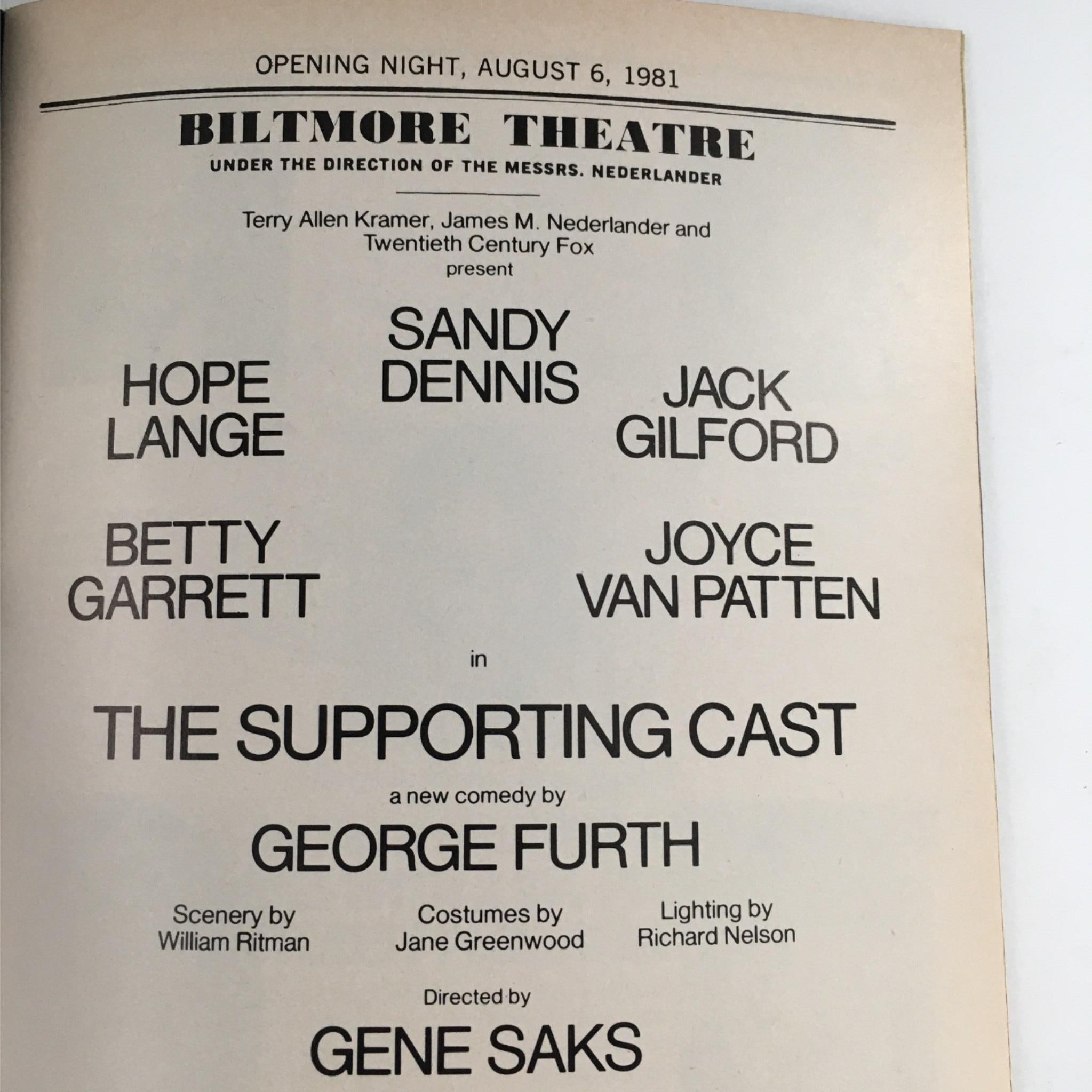 1981 Playbill The Supporting Cast by George Furth, Gene Saks at Biltmore Theatre