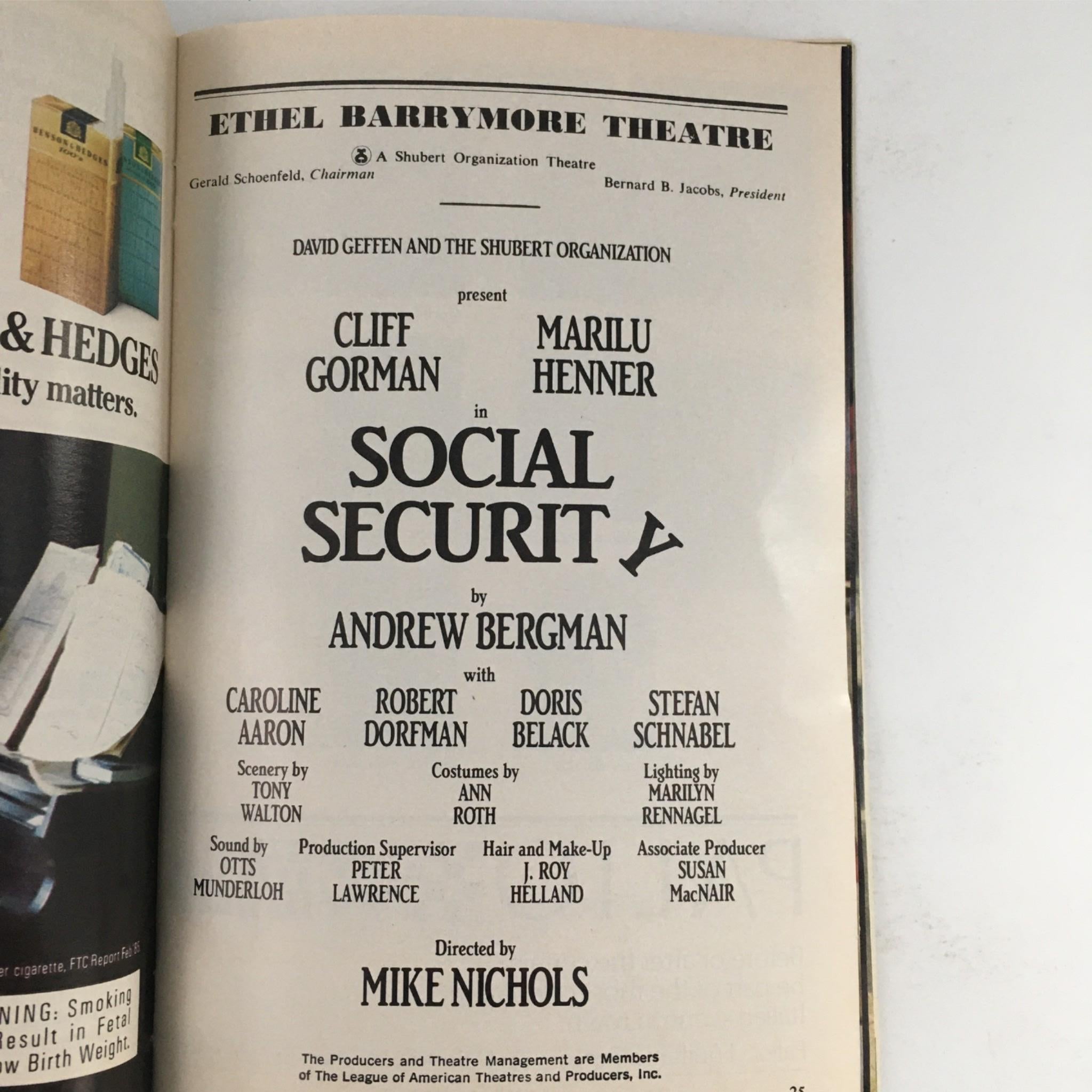 1987 Playbill Social Security by Andrew Bergman, Mike Nichols at Ethel Barrymore