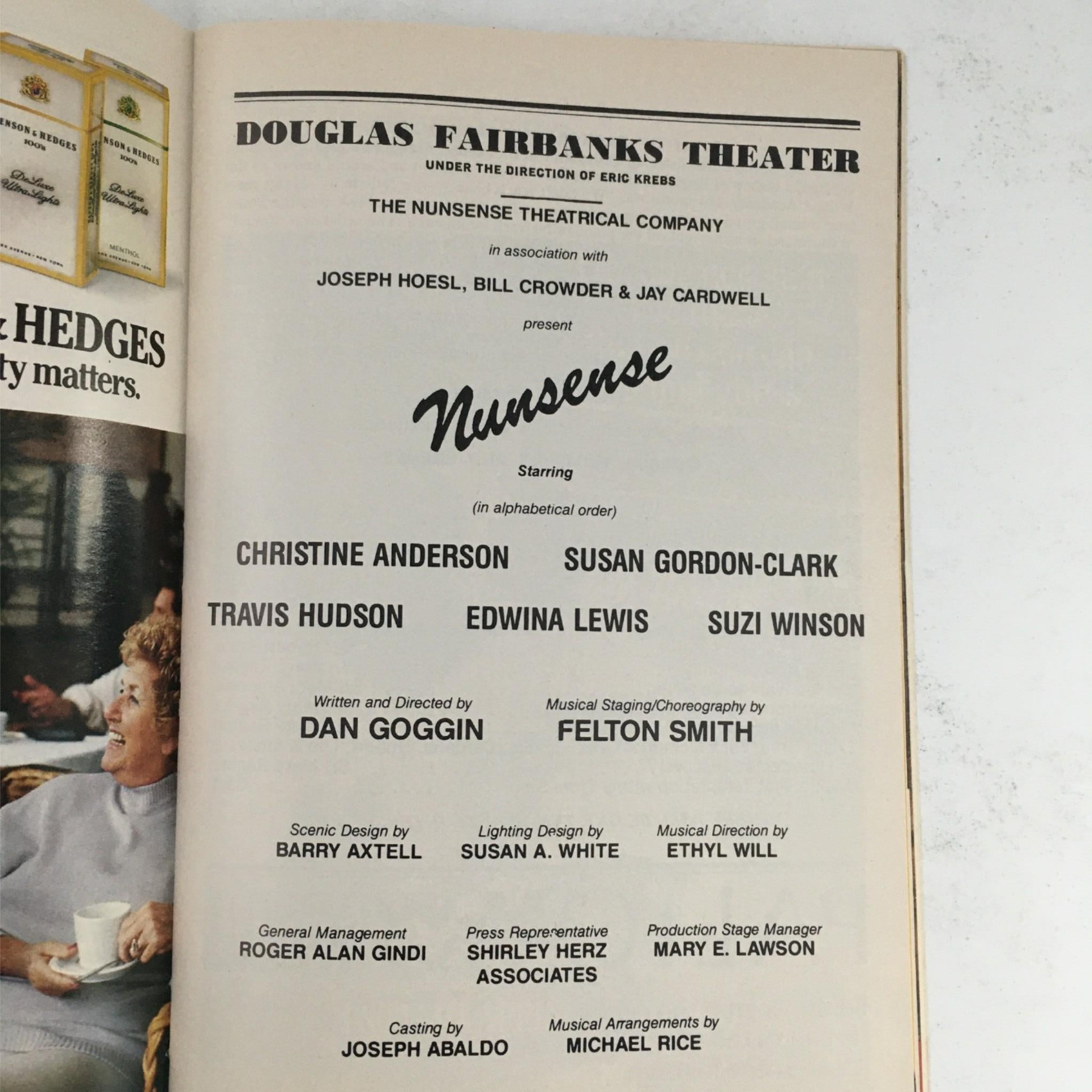 1987 Playbill Nunsense by Dan Goggin, Felton Smith at Douglas Fairbanks Theatre