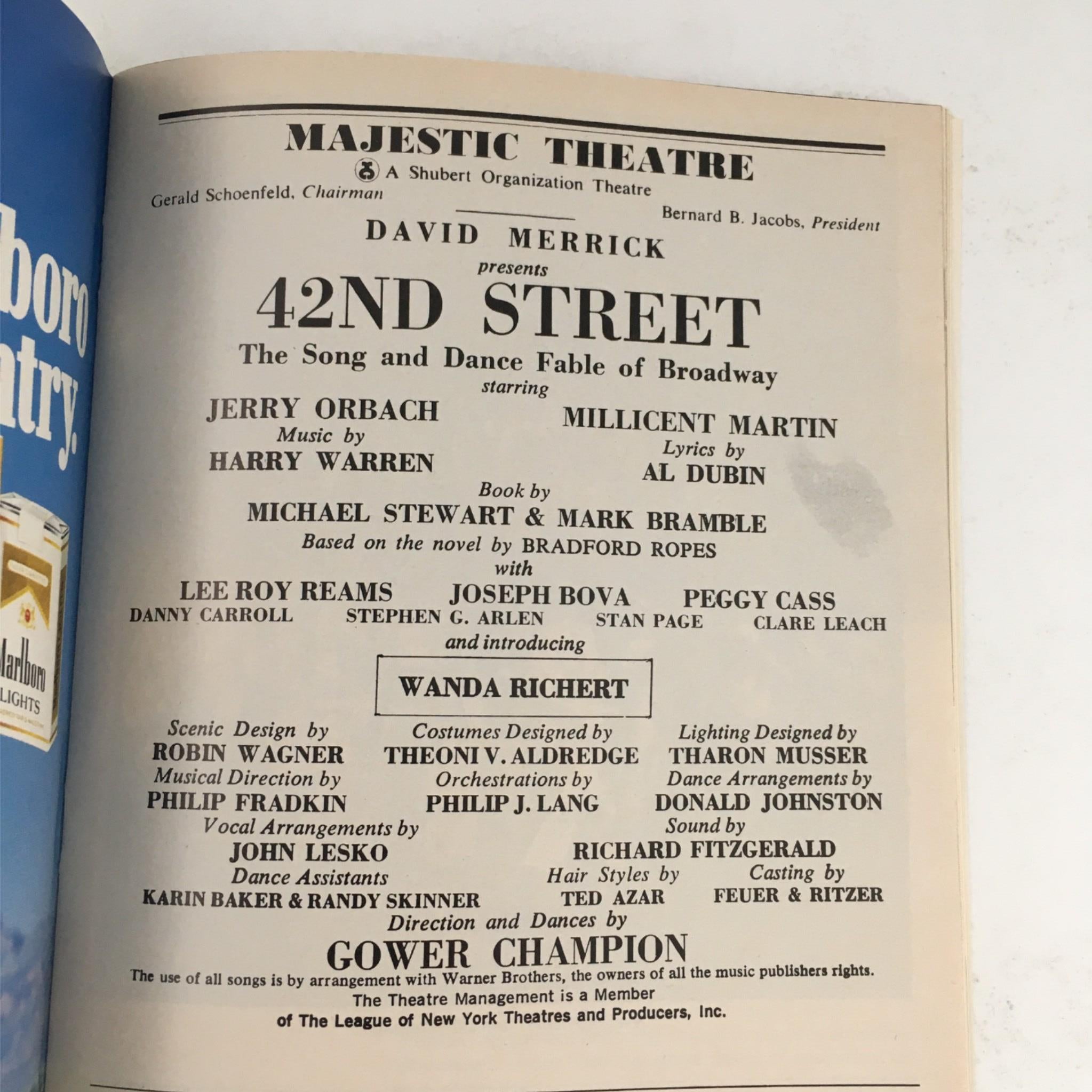 1982 Playbill 42nd Street by David Merrick, Gower Champion at Majestic Theatre