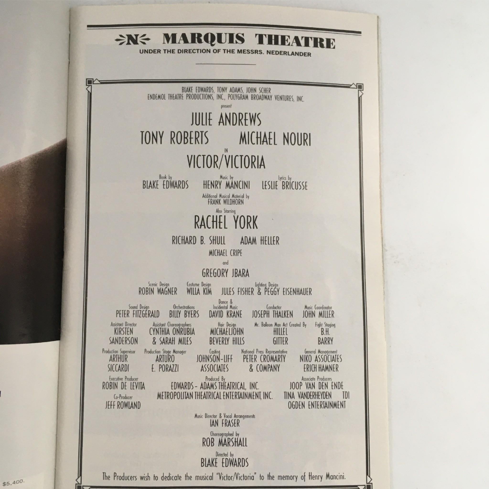 1997 Playbill Victor/Victoria by Blake Edwards, Rob Marshall at Marquis Theatre