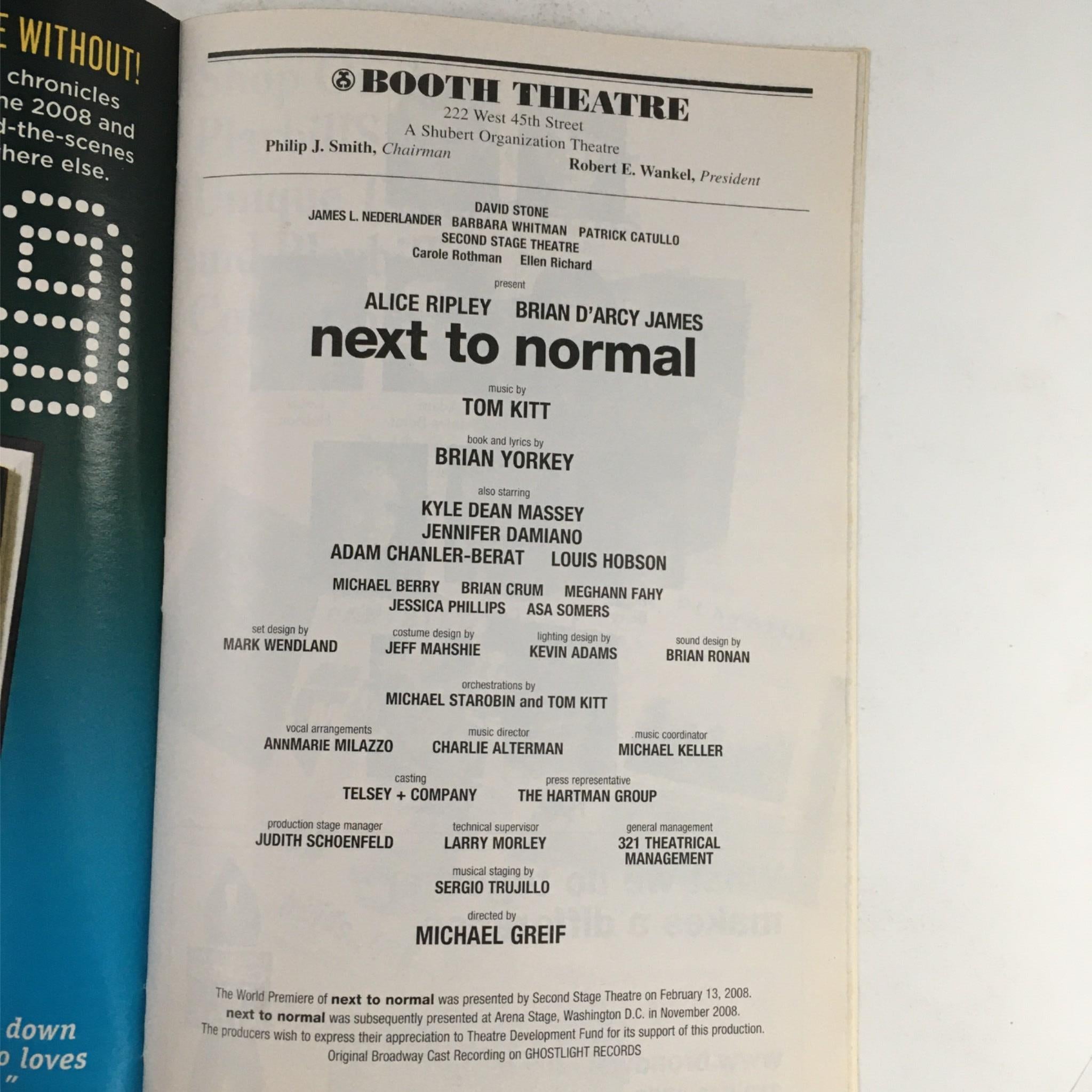 2010 Playbill Next To Normal by Brian Yorkey, Michael Greif at Booth Theatre